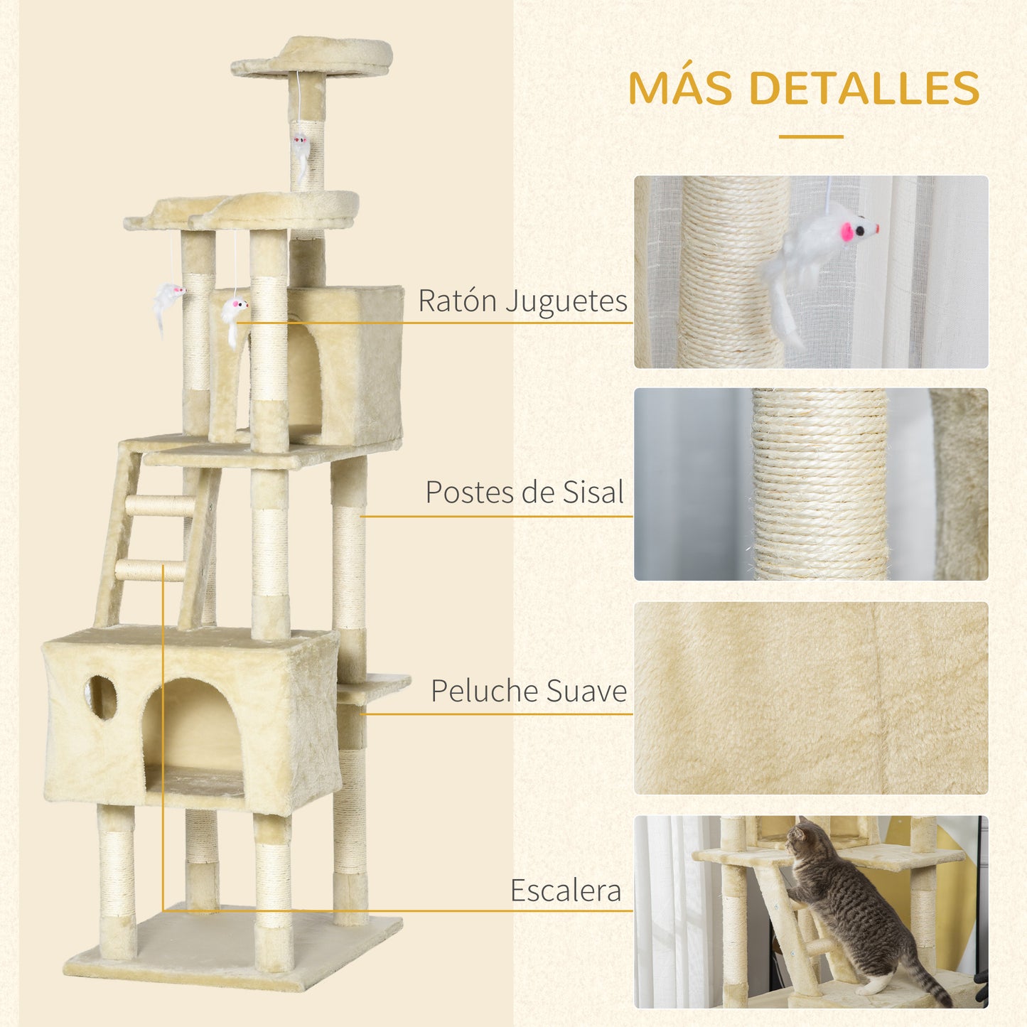 PawHut Rascador Árbol para Gatos Grande 60x50x181 cm con Poste de Arañar Múltiples Plataformas Escaleras Cuevas Juguetes Centro de Actividades Beige