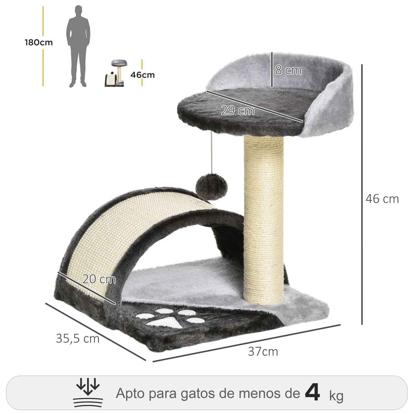 PawHut Árbol Rascador para Gatos Pequeños Altura 46 cm de 2 Niveles Árbol para Gatos con Poste Tablero para Rascar Plataformas y Juguete de Bola Colgante 35,5x37x46 cm Gris Oscuro