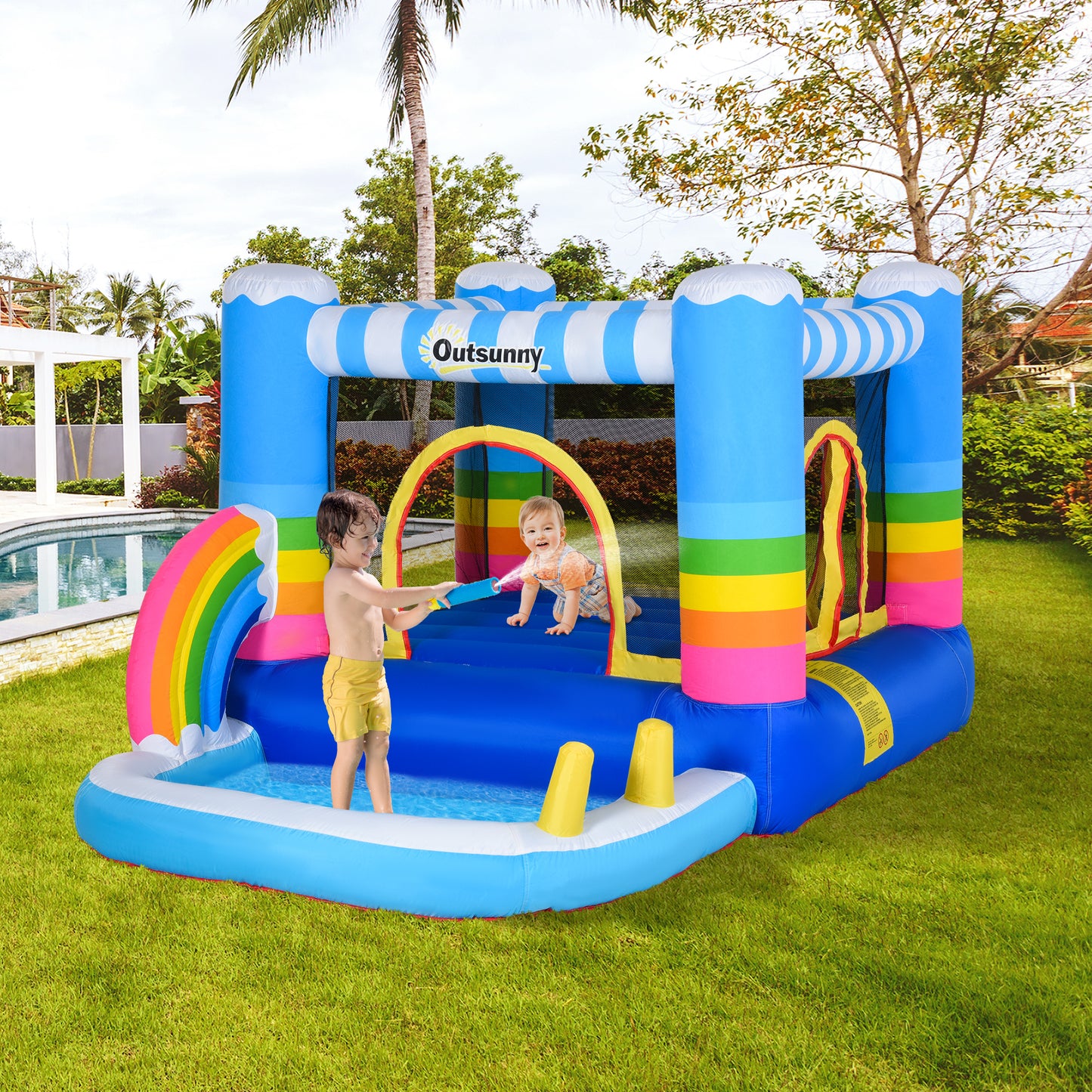 Outsunny Castillo Hinchable con Cama de Salto y Piscina para Niños de +3 Años Incluye Inflador y Bolsa de Transporte para Interior Exterior 280x170x155 cm Multicolor