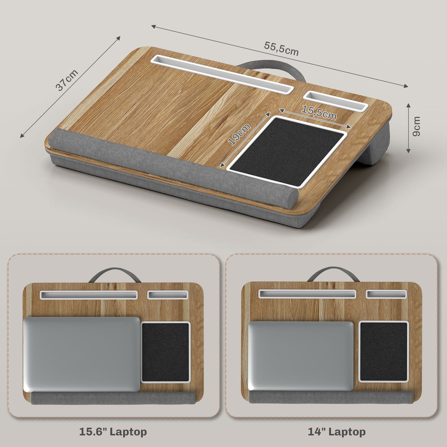 HOMCOM Soporte para Ordenador Portátil con Cojín Soporte Portátil con Ranura para Tableta Almohadilla para Mouse Reposamuñecas Mesa para Cama para Hogar Oficina Roble