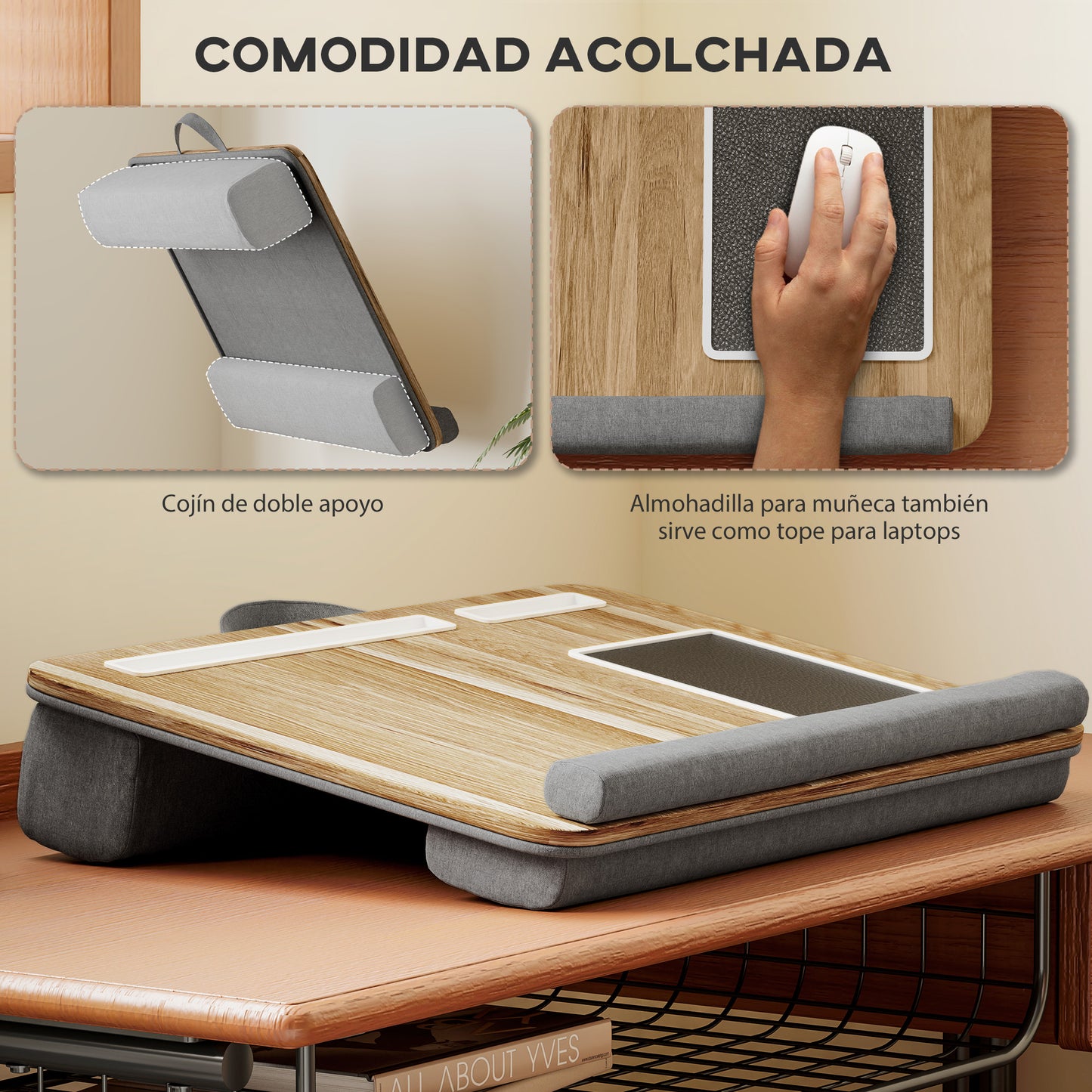 HOMCOM Soporte para Ordenador Portátil con Cojín Soporte Portátil con Ranura para Tableta Almohadilla para Mouse Reposamuñecas Mesa para Cama para Hogar Oficina Roble