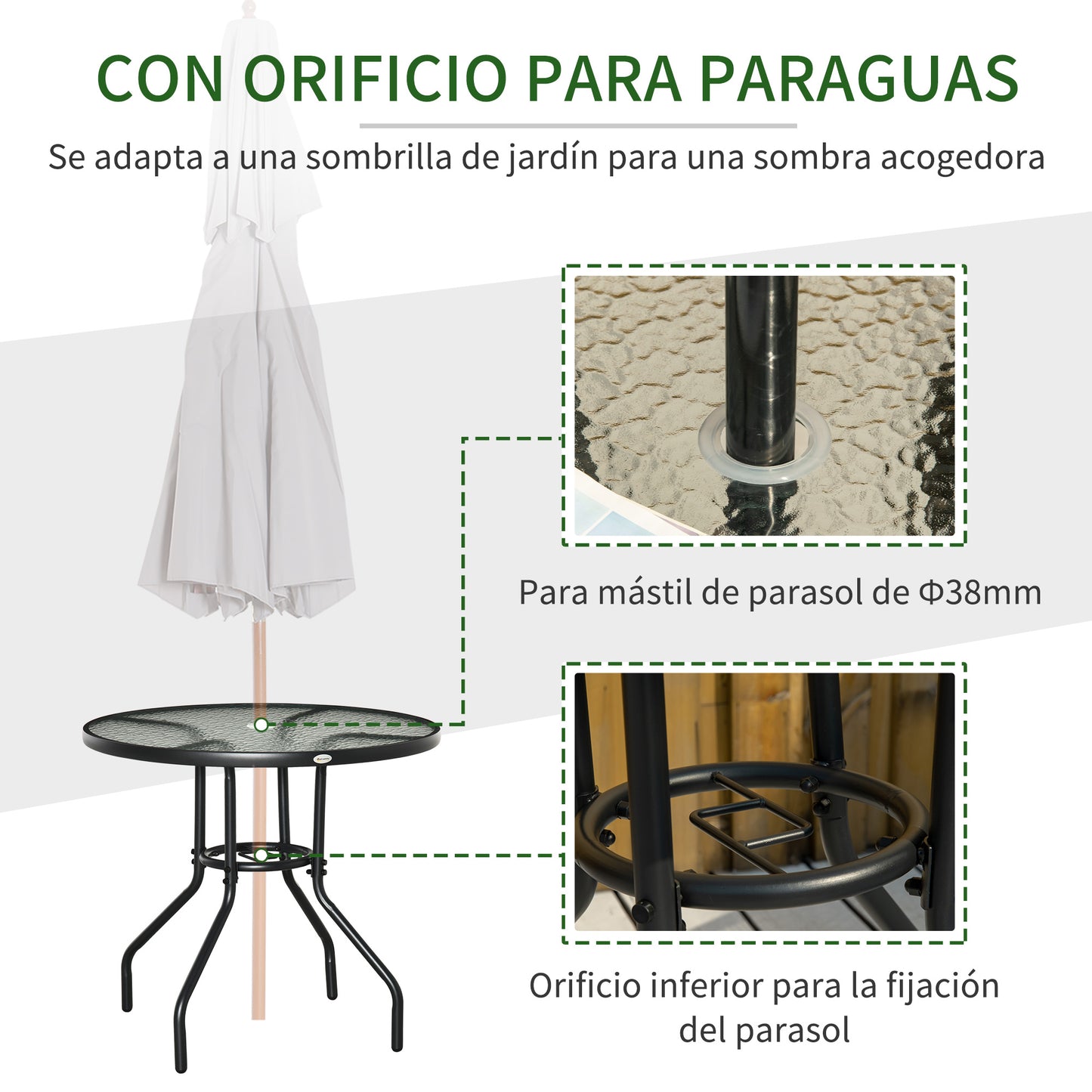 Outsunny Mesa de Jardín Redonda Mesa de Exterior Ø80x72 cm con Agujero para Sombrilla y Encimera de Vidrio Templado para Patio Terraza Negro