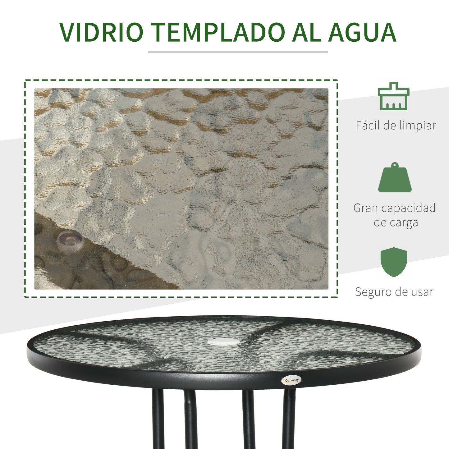 Outsunny Mesa de Jardín Redonda Mesa de Exterior Ø80x72 cm con Agujero para Sombrilla y Encimera de Vidrio Templado para Patio Terraza Negro