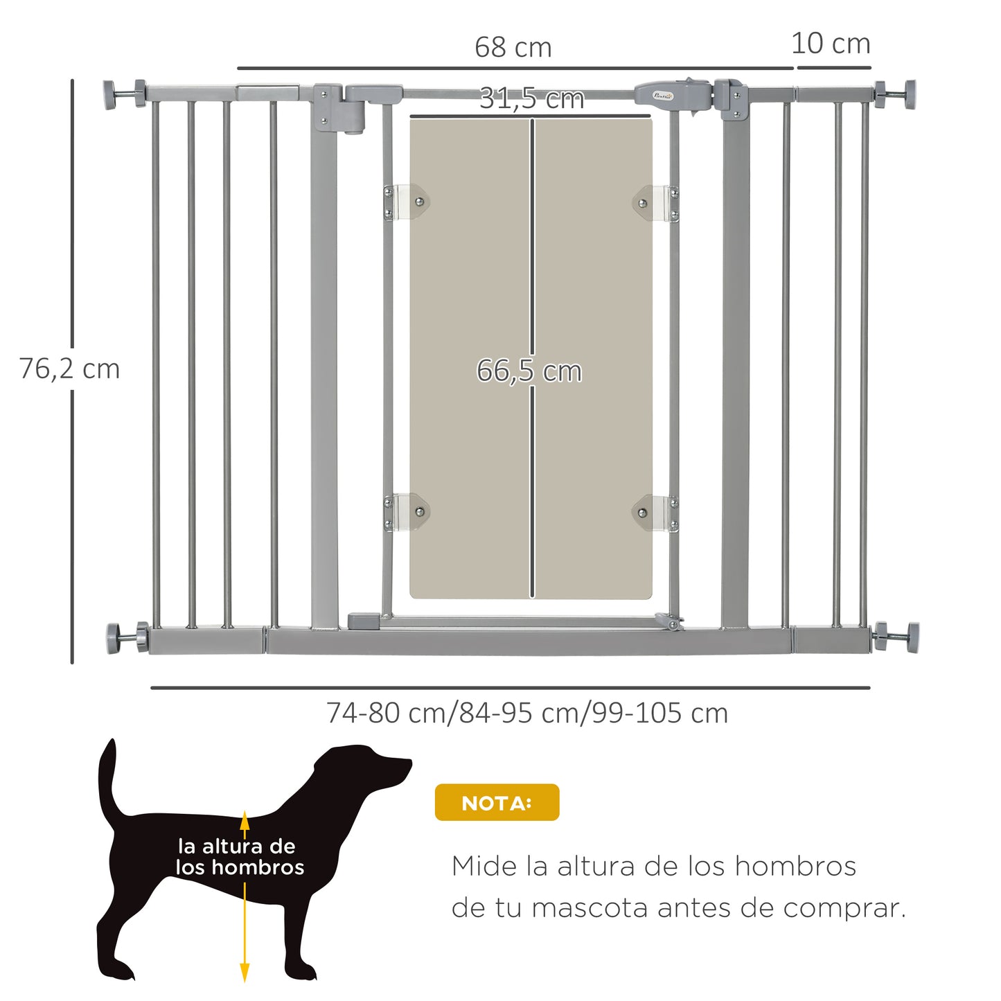 PawHut Barrera de Seguridad de Perros Extensible para Escaleras y Puertas 74-105 cm con 2 Extensiones de Acero 10/15 cm Puerta Acrílica y Cierre Automático Altura 76,2 cm Gris