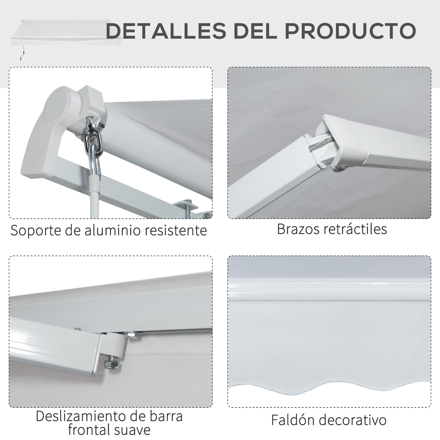 Outsunny Toldo Manual Retráctil 350x250 cm Toldo para Balcón con Manivela de Metal Impermeable y Anti-UV Toldo Enrollable de Exterior para Jardín Terraza Ventanas Blanco