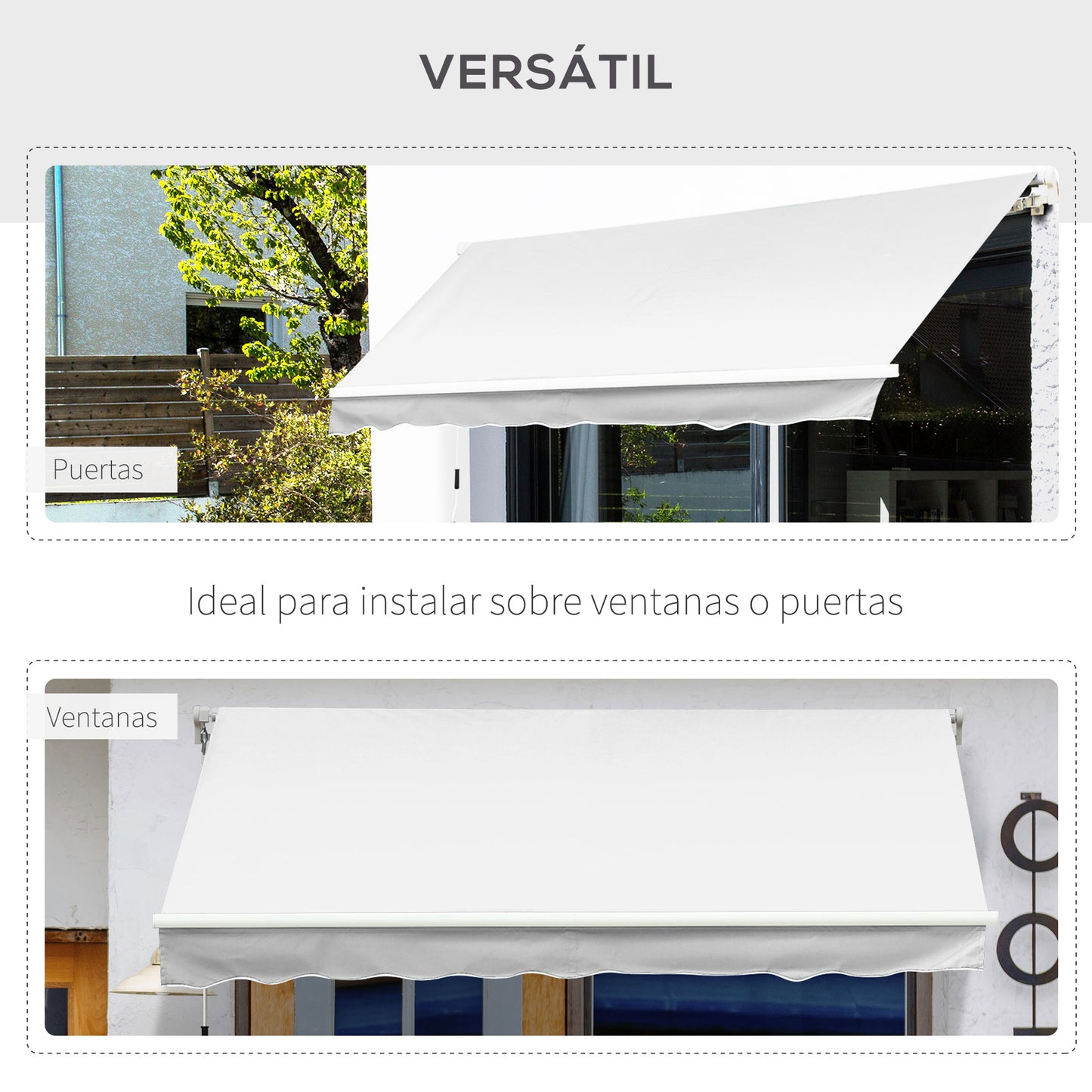 Outsunny Toldo Manual Retráctil 350x250 cm Toldo para Balcón con Manivela de Metal Impermeable y Anti-UV Toldo Enrollable de Exterior para Jardín Terraza Ventanas Blanco