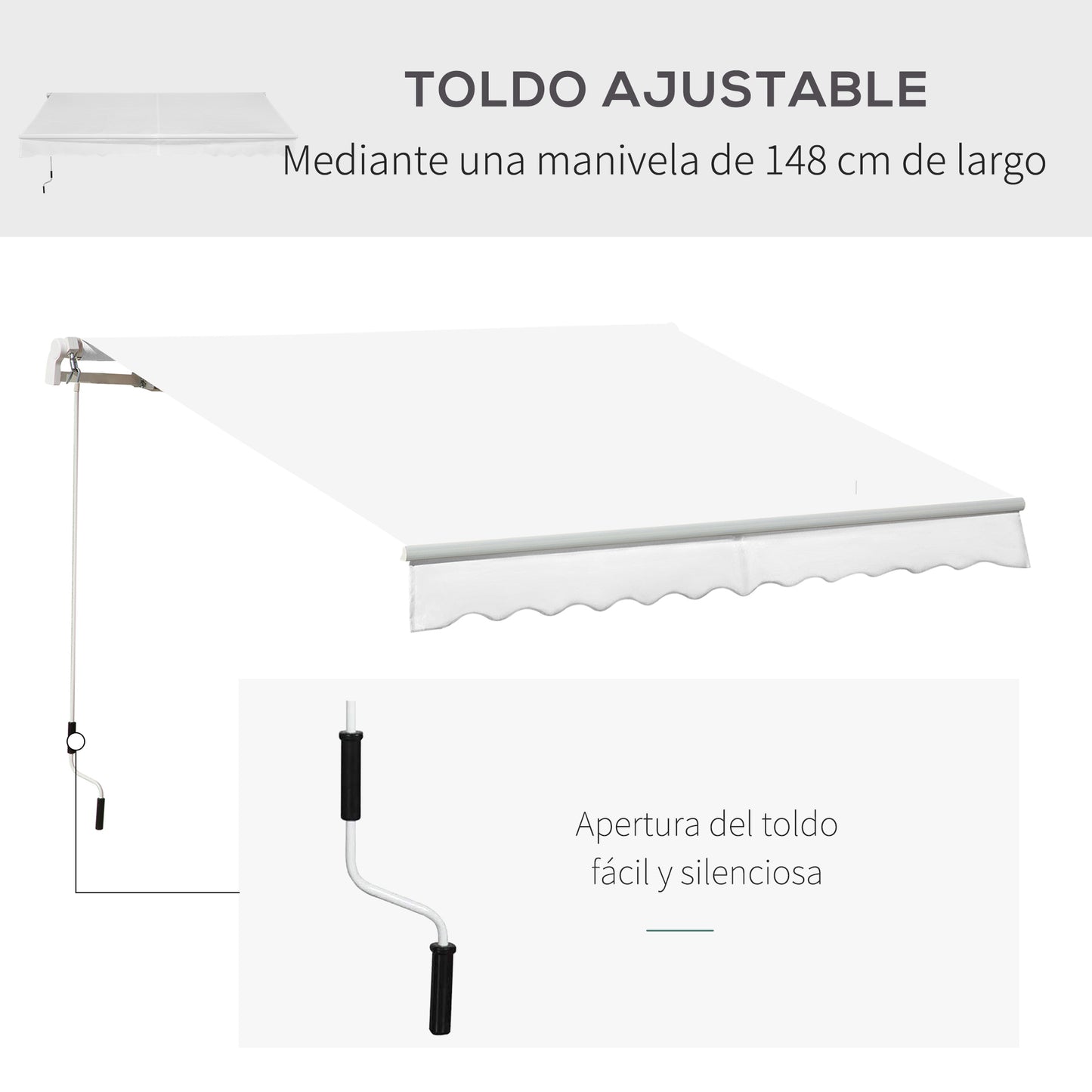 Outsunny Toldo Manual Retráctil 350x250 cm Toldo para Balcón con Manivela de Metal Impermeable y Anti-UV Toldo Enrollable de Exterior para Jardín Terraza Ventanas Blanco