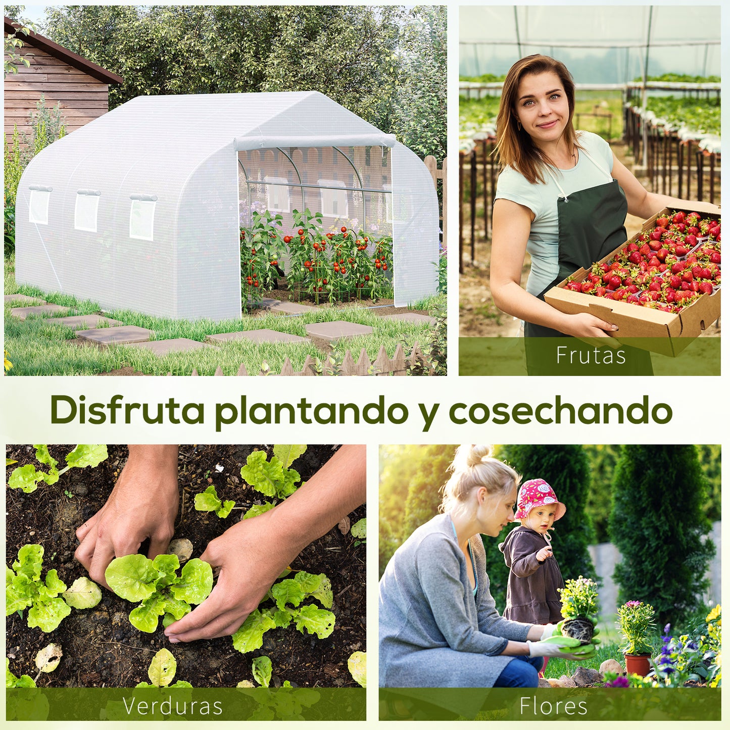 Outsunny Invernadero de Exterior Invernadero de Túnel 445x300x205 cm Invernadero de Jardín con 6 Ventanas y Cubierta de Polietileno PE 140 g/m² para Plantas Flores Verduras en Patio Blanco