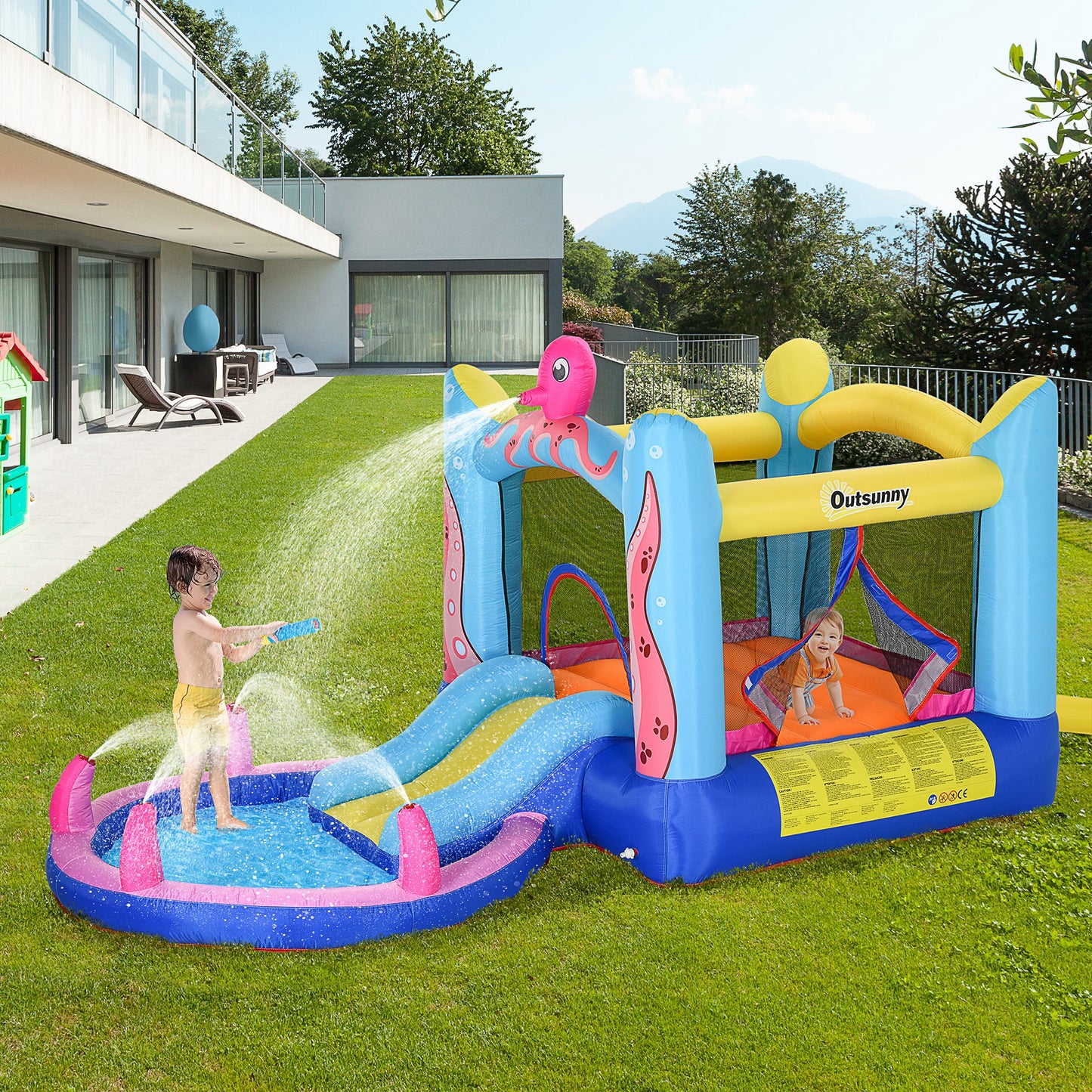 Outsunny Castillo Hinchable para Niños con Patrón de Pulpo Castillo Inflable Infantil con Tobogán Cama de Salto Piscina Inflador y Bolsa de Transporte 360x175x180 cm Multicolor