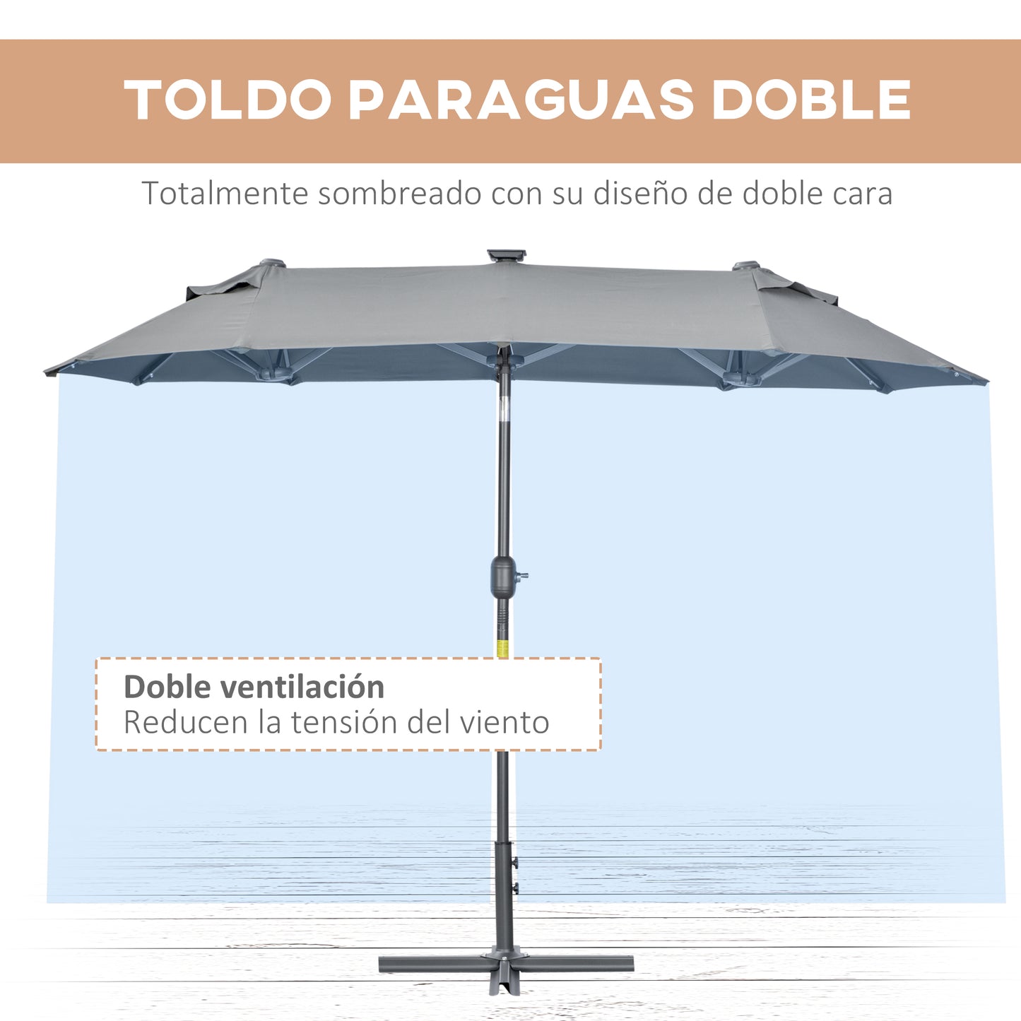 Outsunny Sombrilla Doble 295x150x219 cm Sombrilla de Jardín con Luces LED Solares Techo con Inclinación Ajustable y Manivela Manual para Patio Piscina Playa Gris