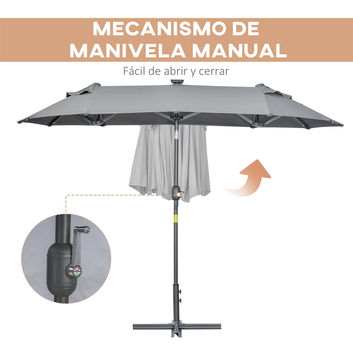 Outsunny Sombrilla Doble 295x150x219 cm Sombrilla de Jardín con Luces LED Solares Techo con Inclinación Ajustable y Manivela Manual para Patio Piscina Playa Gris