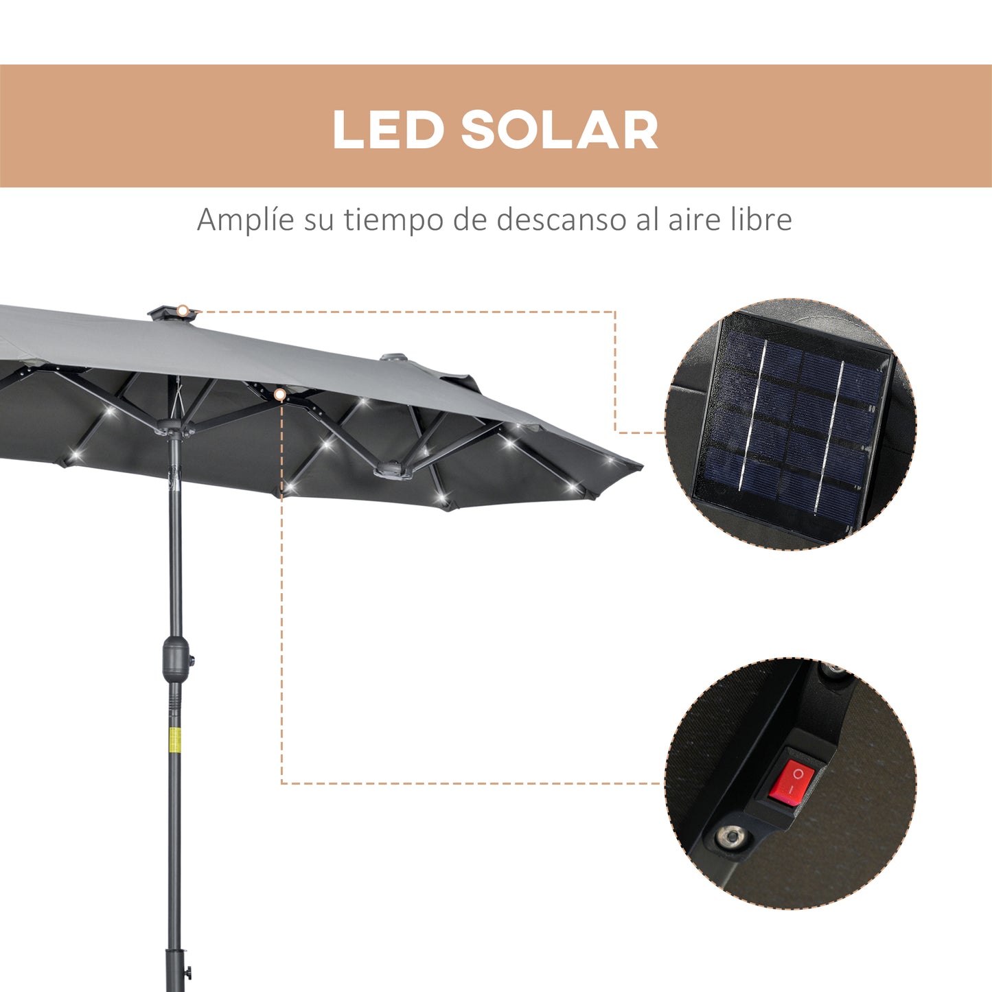 Outsunny Sombrilla Doble 295x150x219 cm Sombrilla de Jardín con Luces LED Solares Techo con Inclinación Ajustable y Manivela Manual para Patio Piscina Playa Gris