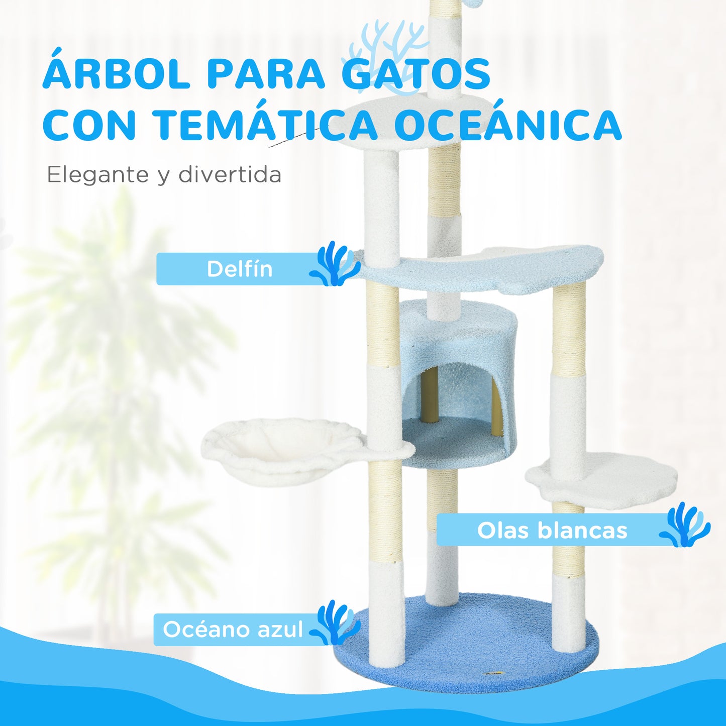 PawHut Árbol Rascador para Gatos Grandes de 155 cm Torre para Gatos de Interior con Postes de Sisal Cueva Cama Hamaca y Bola de Juguete Ø54,5x155 cm Blanco y Azul