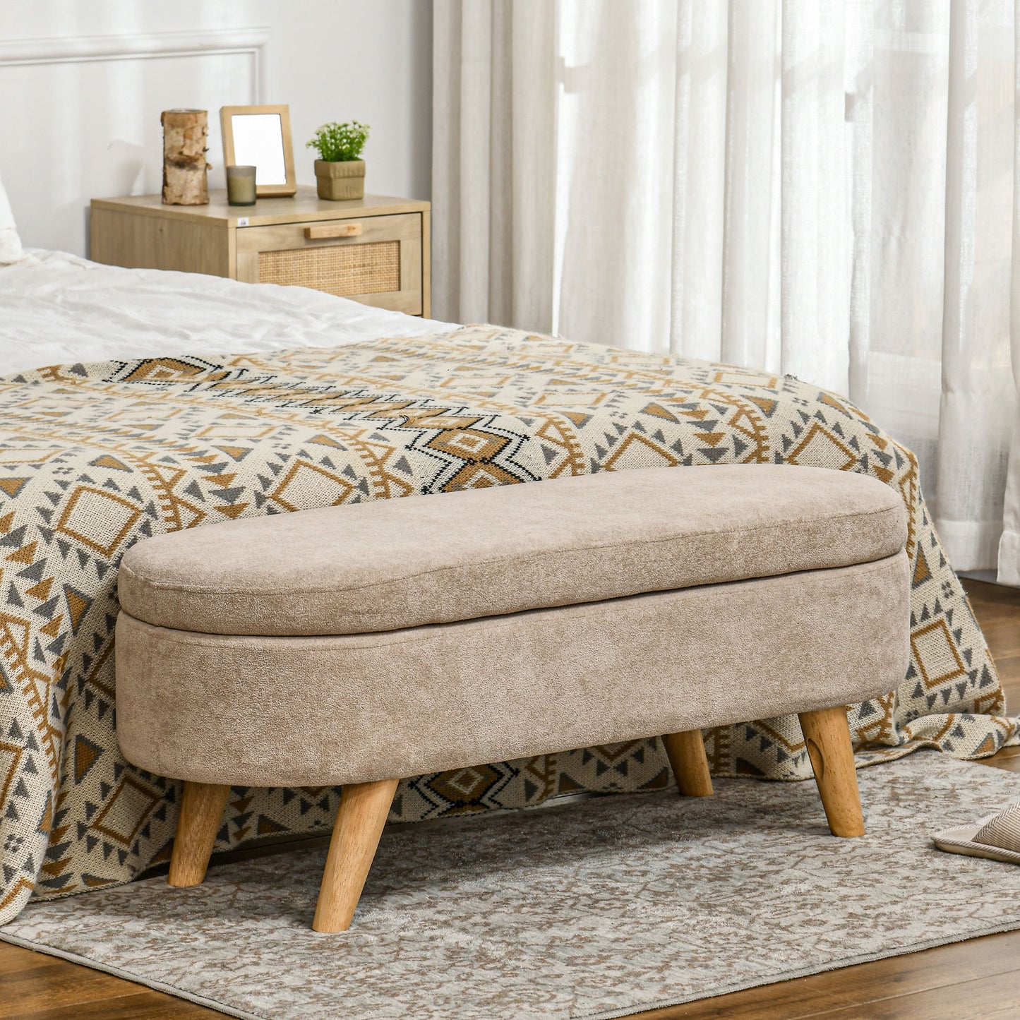 HOMCOM Banco Pie de Cama Banco de Almacenaje con Patas de Madera y Asiento Acolchado Carga 120 kg Puff Almacenaje Ovalado para Dormitorio Entrada Pasillo Beige