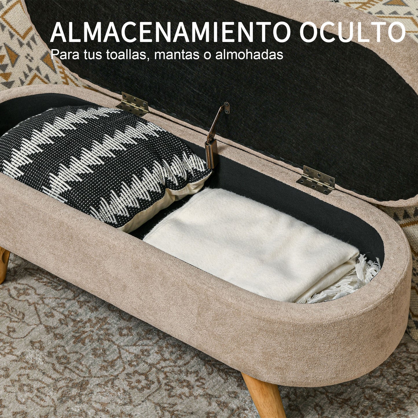 HOMCOM Banco Pie de Cama Banco de Almacenaje con Patas de Madera y Asiento Acolchado Carga 120 kg Puff Almacenaje Ovalado para Dormitorio Entrada Pasillo Beige