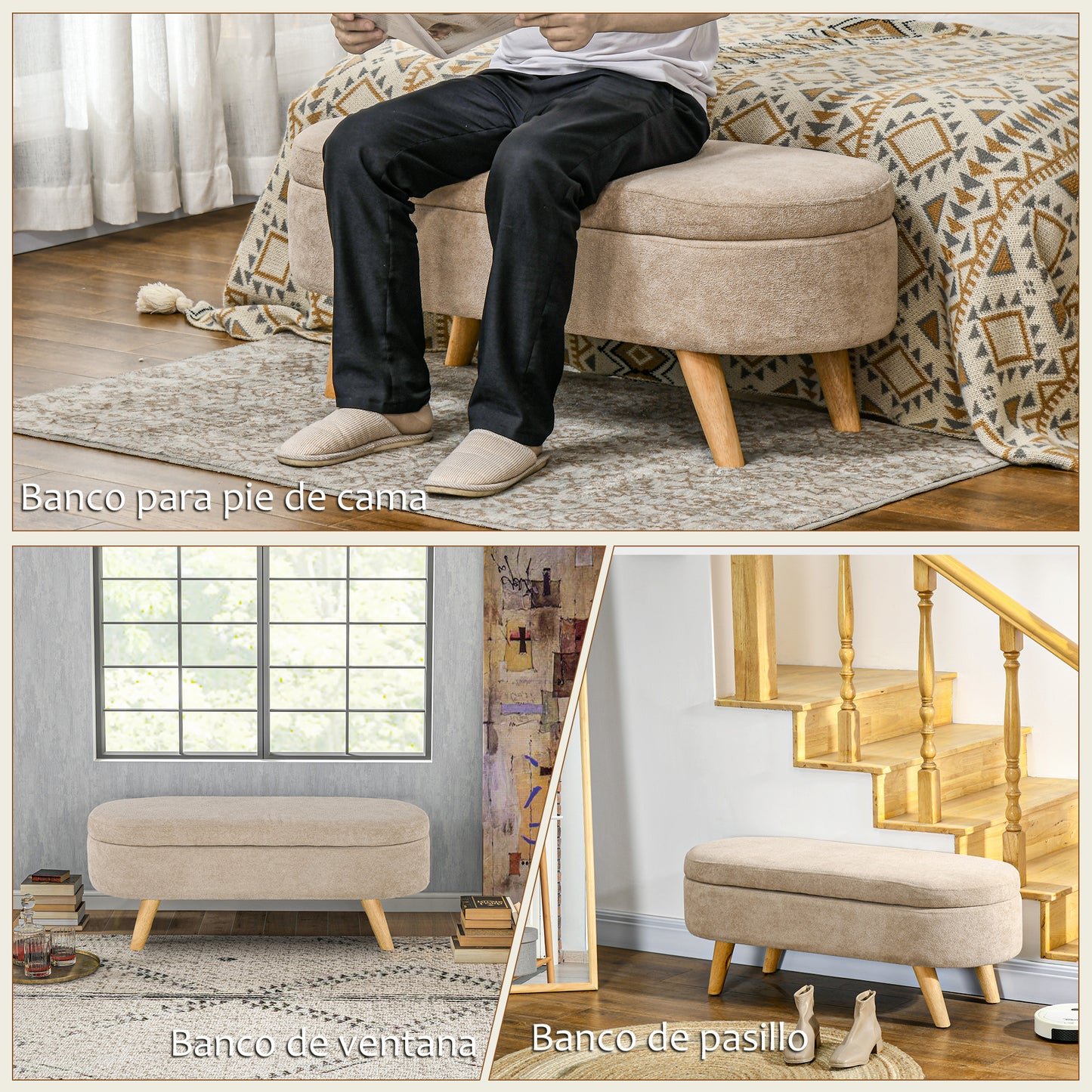 HOMCOM Banco Pie de Cama Banco de Almacenaje con Patas de Madera y Asiento Acolchado Carga 120 kg Puff Almacenaje Ovalado para Dormitorio Entrada Pasillo Beige