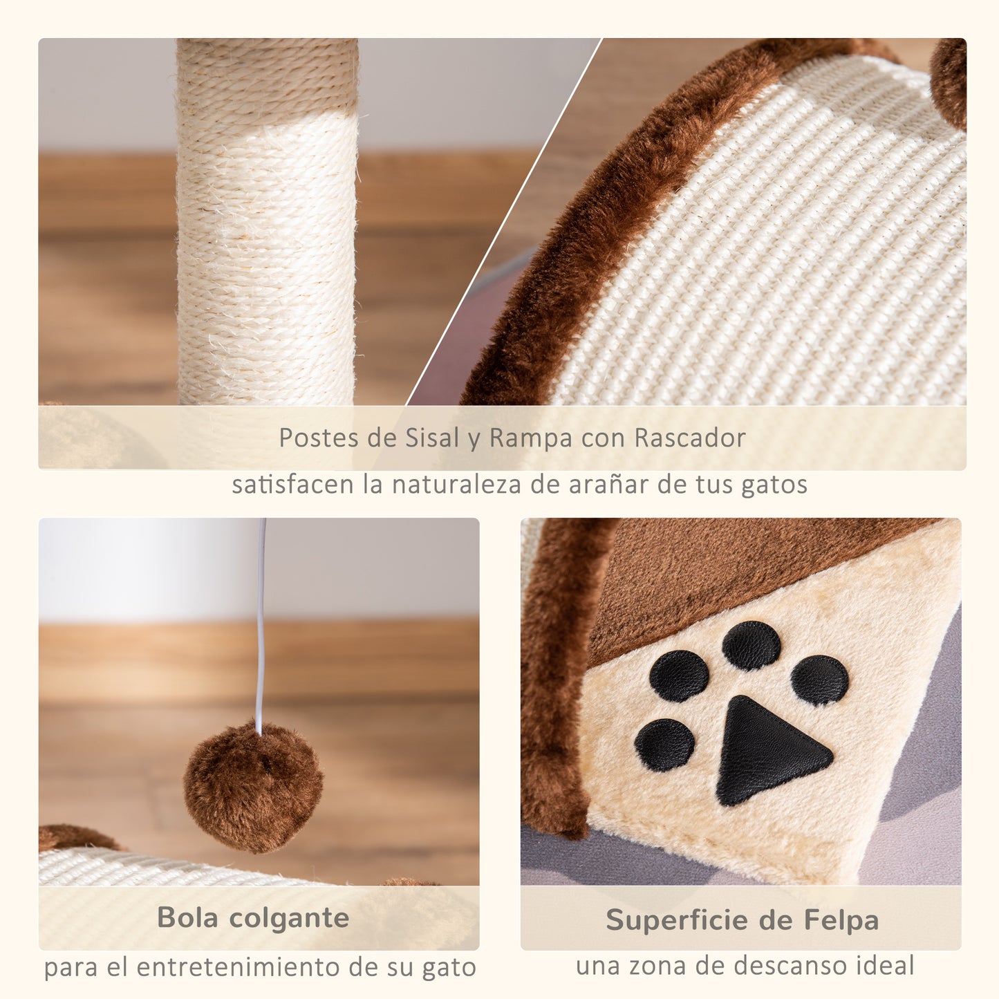 PawHut Árbol Rascador para Gatos Pequeños Altura 46 cm de 2 Niveles Árbol para Gatos con Poste Tablero para Rascar Plataformas y Juguete de Bola Colgante 35,5x37x46 cm Marrón