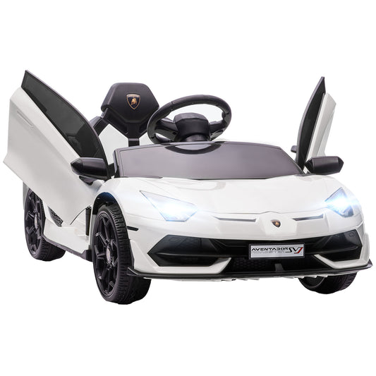 HOMCOM Coche Eléctrico Lamborghini para Niños Coche de Batería 12V Velocidad Max.5 km/h Puerta de Tijera con Control Remoto MP3 Luces y Cinturón de Seguridad Blanco