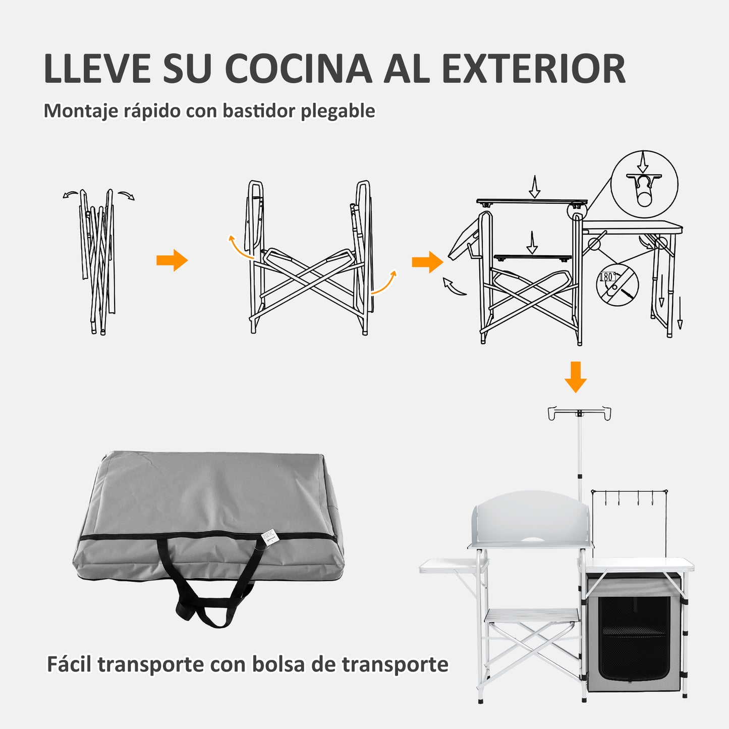 Outsunny Mueble de Cocina para Camping Armario para Camping Plegable con Mesas Estantes Poste de Luz Elevable y Bolsa de Transporte para Acampada Picnic 144x48x119 cm Plata y Gris Claro