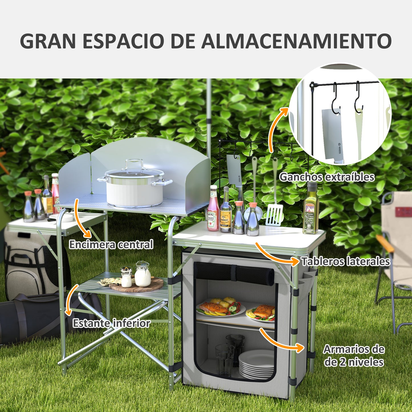 Outsunny Mueble de Cocina para Camping Armario para Camping Plegable con Mesas Estantes Poste de Luz Elevable y Bolsa de Transporte para Acampada Picnic 144x48x119 cm Plata y Gris Claro