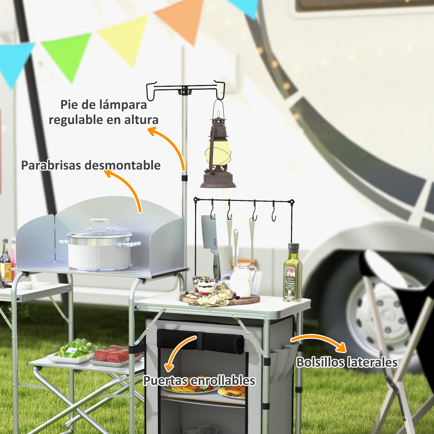 Outsunny Mueble de Cocina para Camping Armario para Camping Plegable con Mesas Estantes Poste de Luz Elevable y Bolsa de Transporte para Acampada Picnic 144x48x119 cm Plata y Gris Claro