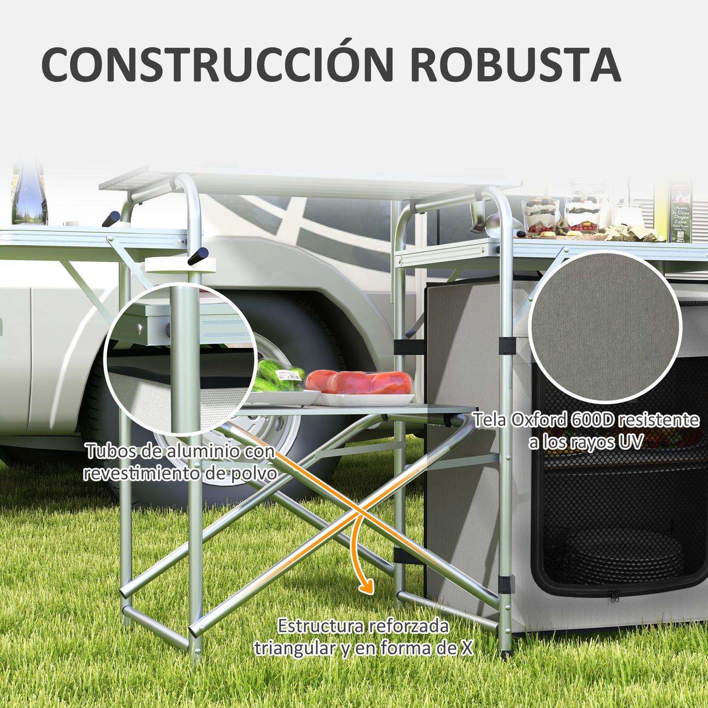 Outsunny Mueble de Cocina para Camping Armario para Camping Plegable con Mesas Estantes Poste de Luz Elevable y Bolsa de Transporte para Acampada Picnic 144x48x119 cm Plata y Gris Claro