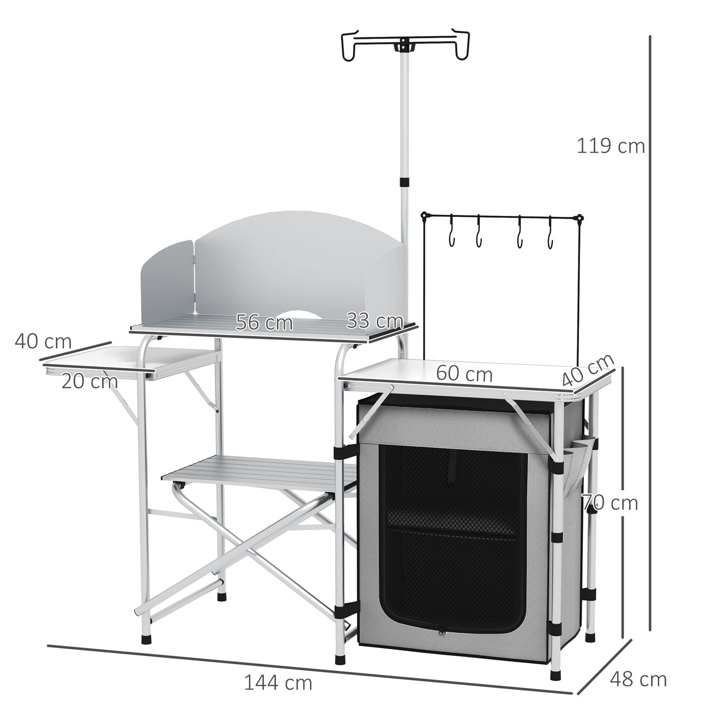 Outsunny Mueble de Cocina para Camping Armario para Camping Plegable con Mesas Estantes Poste de Luz Elevable y Bolsa de Transporte para Acampada Picnic 144x48x119 cm Plata y Gris Claro