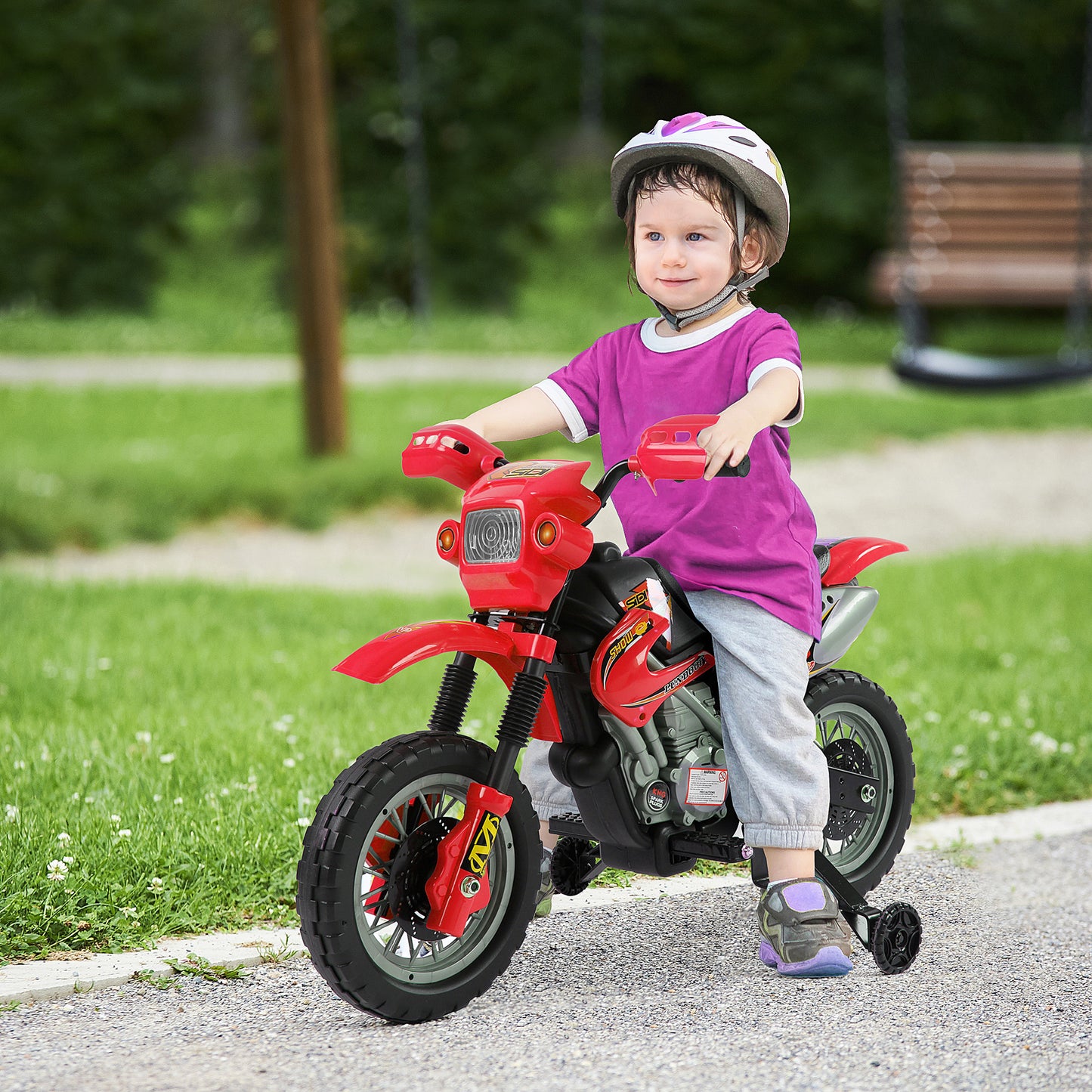 HOMCOM Moto Electrica Infantil Bateria 6V Recargable Niños 3+ Años Cargador y Ruedas Apoyo Color Rojo