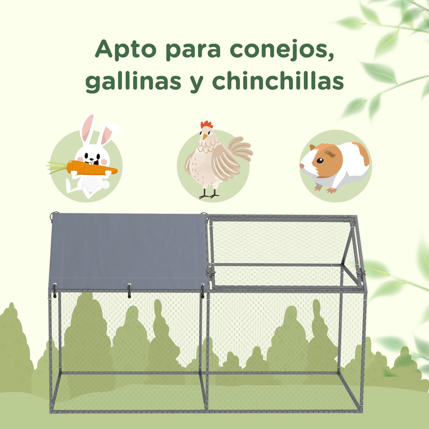 PawHut Jaula para Animales Pequeños Parque para Mascotas de Acero con 1 Puerta Superior y 1 Tela Superior de Anti-UV para Exterior Jardín 198x100x120 cm Plata