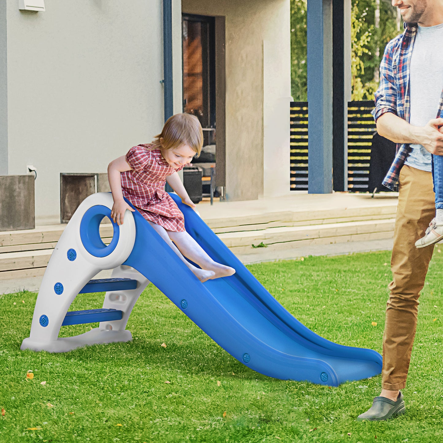 HOMCOM Tobogán Infantil para Niños de 18-36 Meses Tobogán Ancho Plegable con Escaleras Rampa Larga para Jardín Parque Interiores 120x50x56 cm Azul