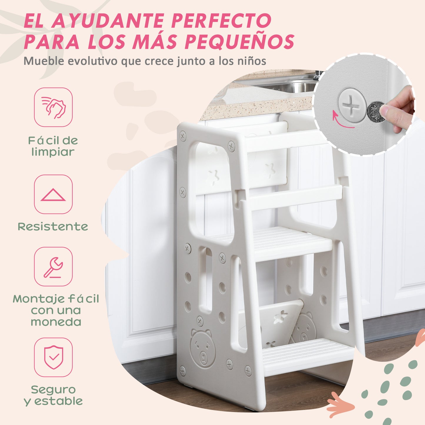 HOMCOM Torre de Aprendizaje para Niños Taburete Infantil con Altura Ajustable en 3 Posiciones y Plataforma Antideslizante para Cocina Comedor Baño 47x47x90 cm Blanco