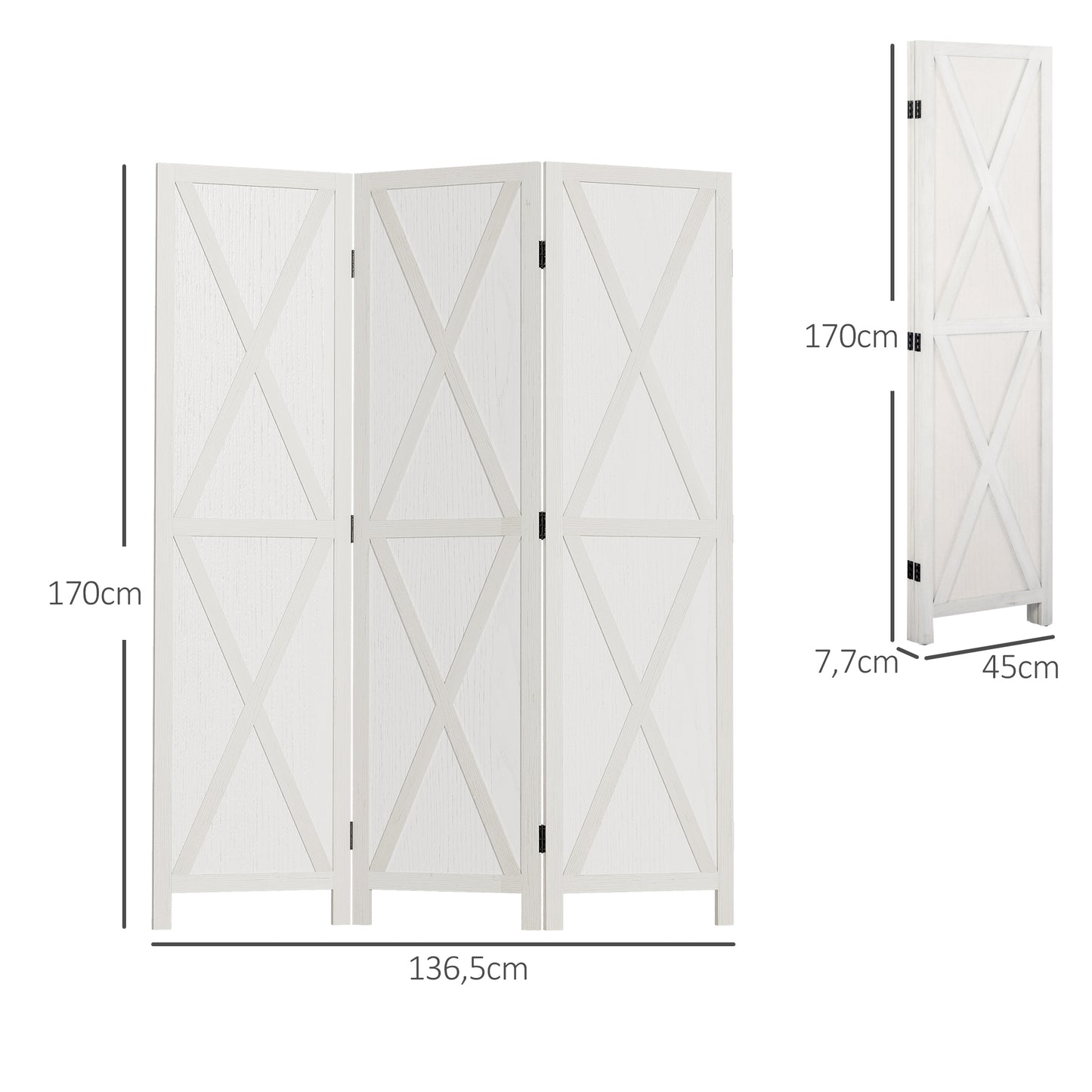 HOMCOM Biombo de 3 Paneles Separador de Ambientes Plegable 136,5x170 cm Divisor de Habitación de Madera para Salón Oficina Dormitorio Blanco