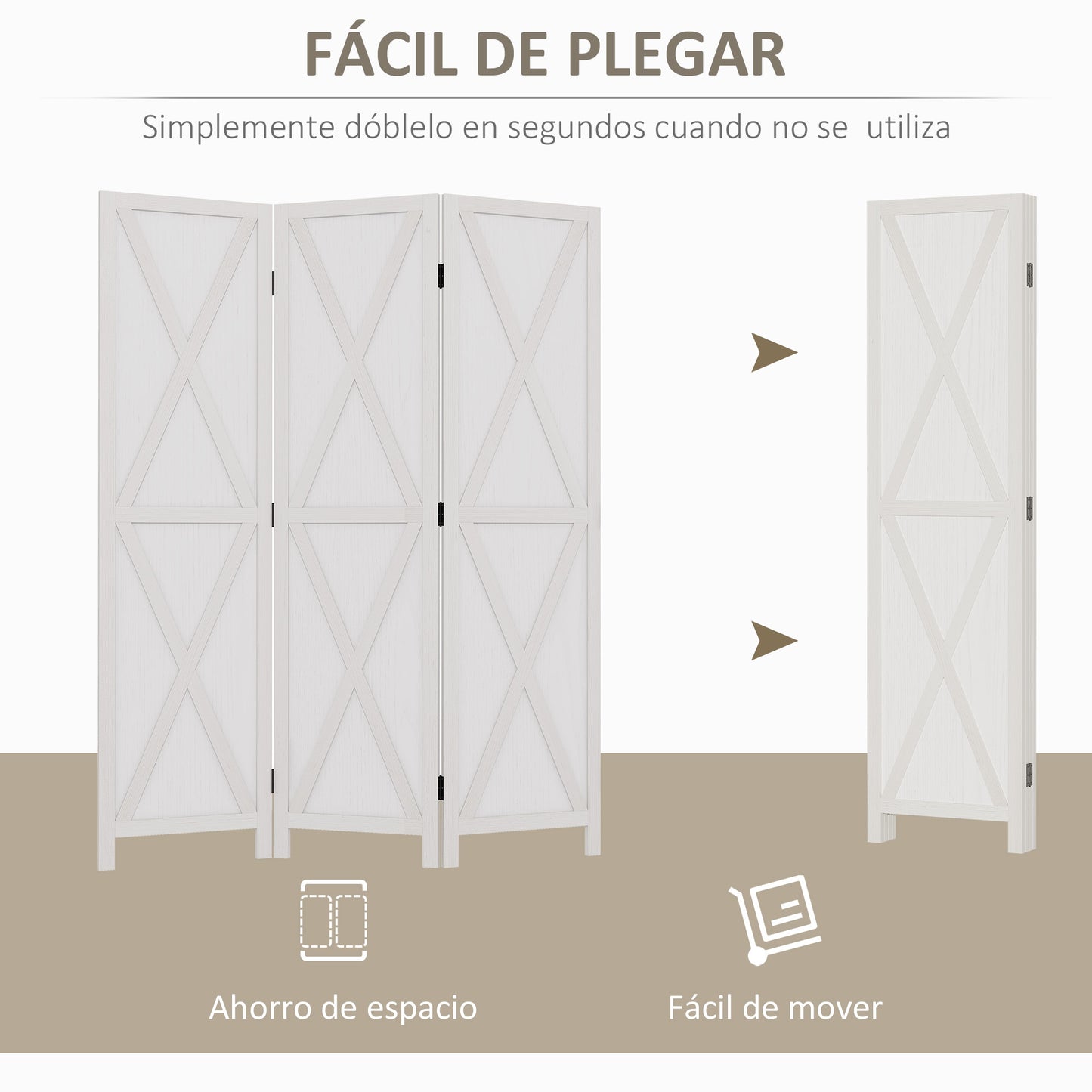 HOMCOM Biombo de 3 Paneles Separador de Ambientes Plegable 136,5x170 cm Divisor de Habitación de Madera para Salón Oficina Dormitorio Blanco