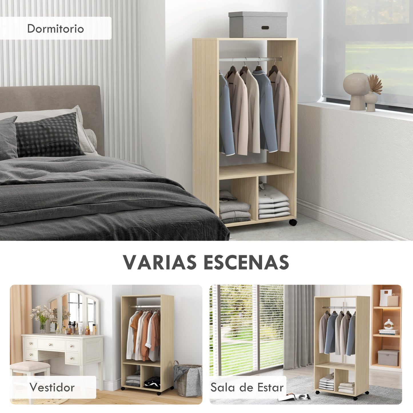 HOMCOM Armario Ropero con Ruedas Armario para Ropa con Barra Estantes Abiertos Organizador para Colgar Ropa de Dormitorio 60x40x128 cm Natural