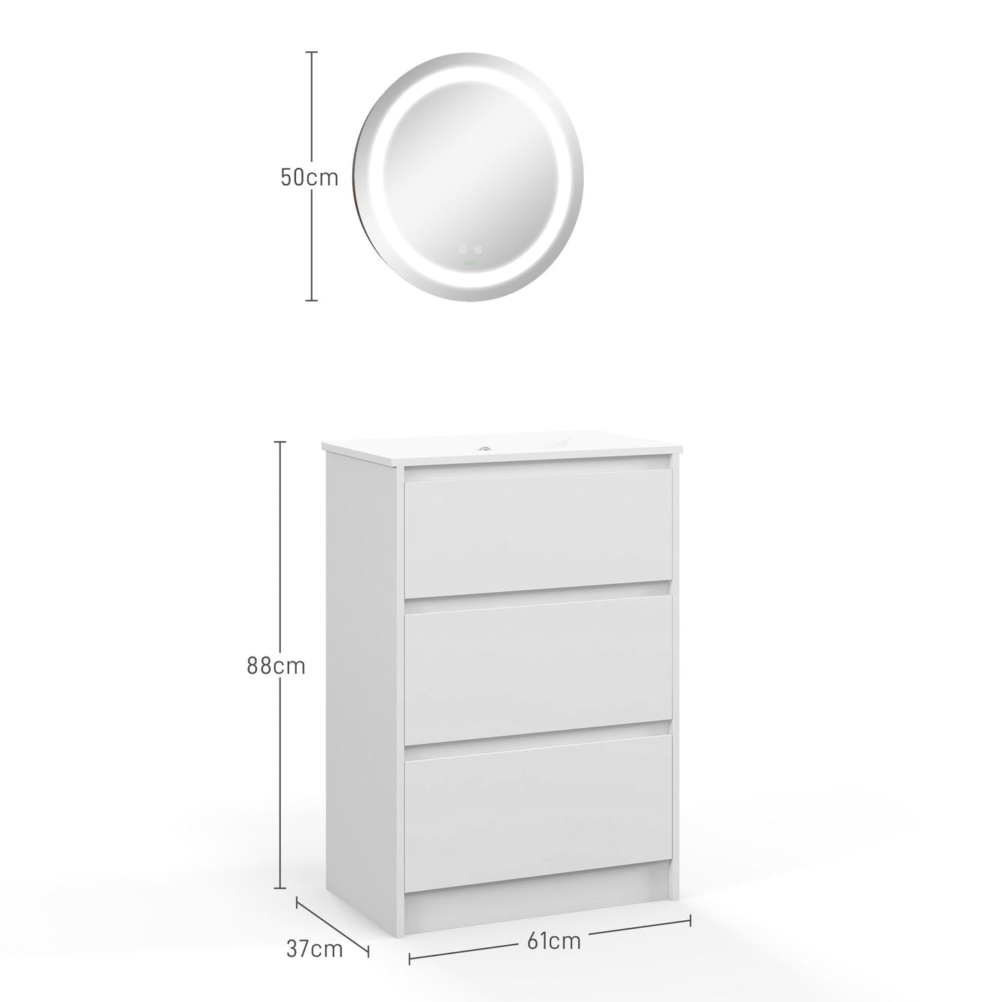 kleankin Conjunto de Baño Incluye 1 Mueble de Baño con Lavabo 61x37x88 cm y 1 Espejo de Baño con Luz LED Antivaho Interruptor Táctil Ø50x4,6 cm Blanco Brillante y Plata