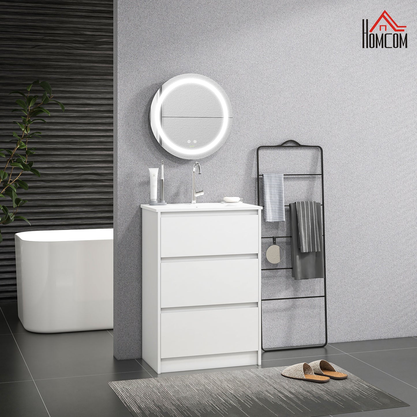 kleankin Conjunto de Baño Incluye 1 Mueble de Baño con Lavabo 61x37x88 cm y 1 Espejo de Baño con Luz LED Antivaho Interruptor Táctil Ø50x4,6 cm Blanco Brillante y Plata