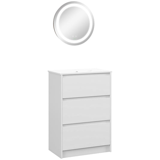 kleankin Conjunto de Baño Incluye 1 Mueble de Baño con Lavabo 61x37x88 cm y 1 Espejo de Baño con Luz LED Antivaho Interruptor Táctil Ø50x4,6 cm Blanco Brillante y Plata