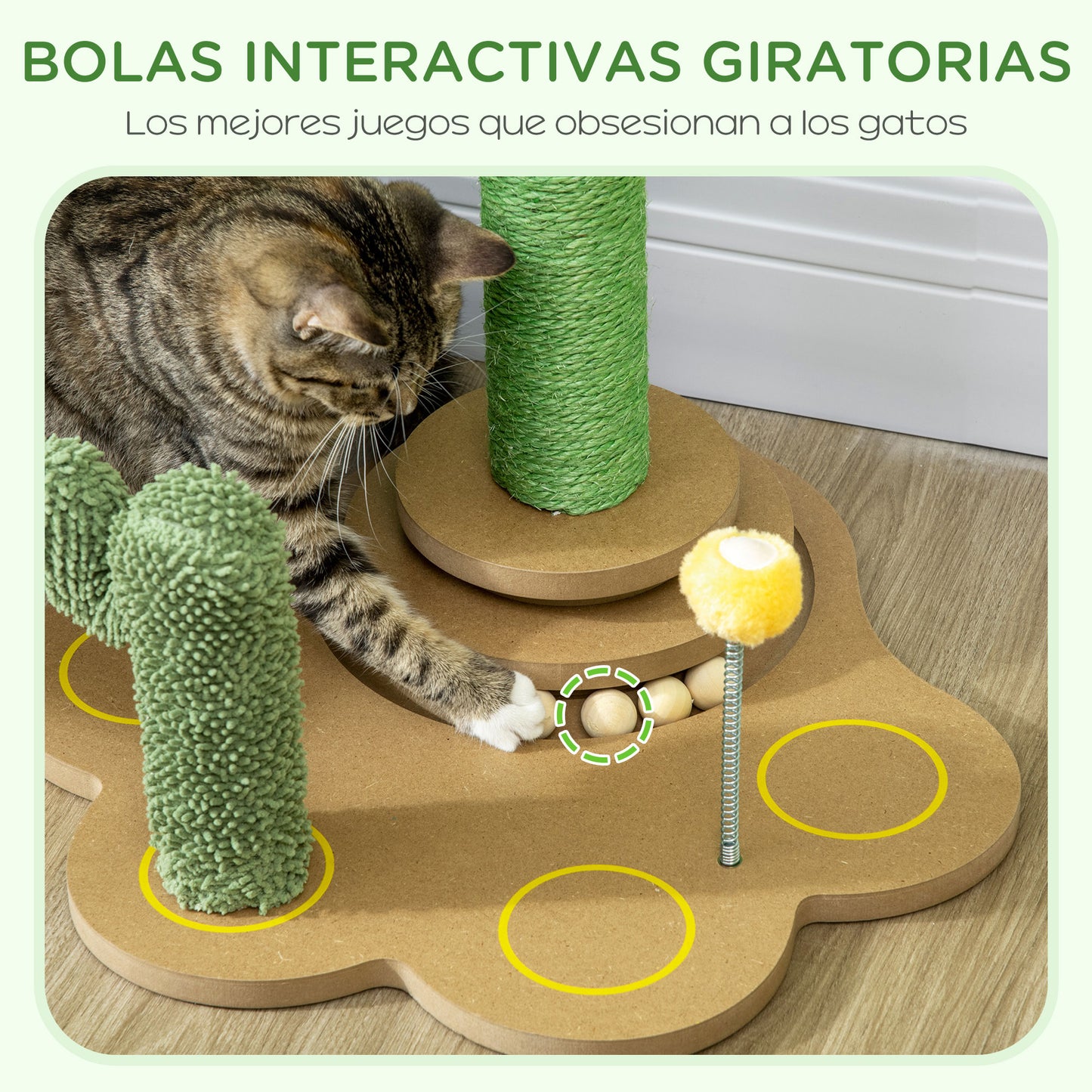 PawHut Árbol Rascador para Gatos Pequeños con Postes de Cactus Altura 60 cm Torre para Gatos de Chenilla con Juguetes de Pelotas 46x43x60 cm Verde