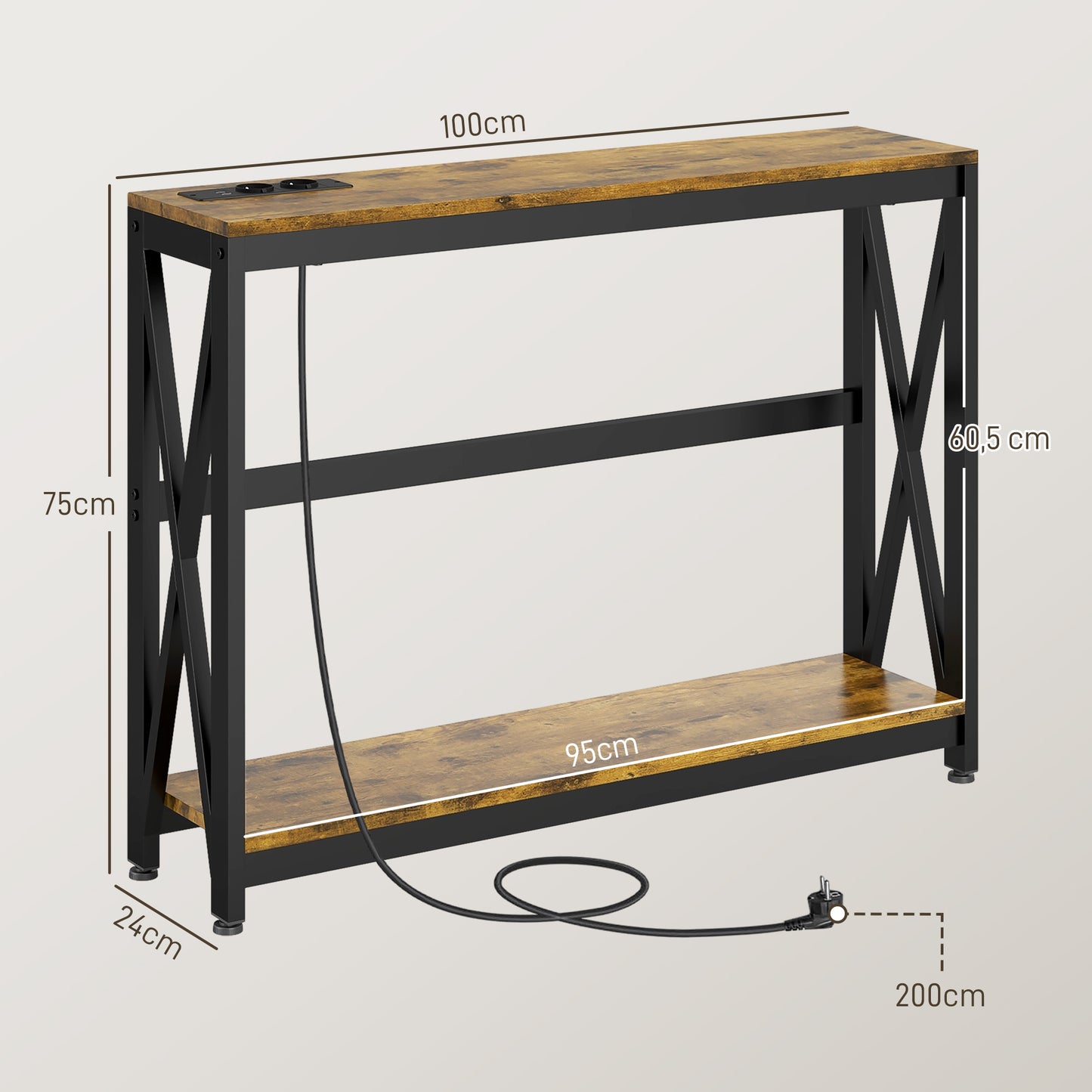 HOMCOM Mesa Consola Industrial Mesa de Entrada de 2 Niveles con Estación de Carga 2 USB y Marco de Acero Mueble de Recibidor para Salón Pasillo 100x24x75 cm Marrón Rústico