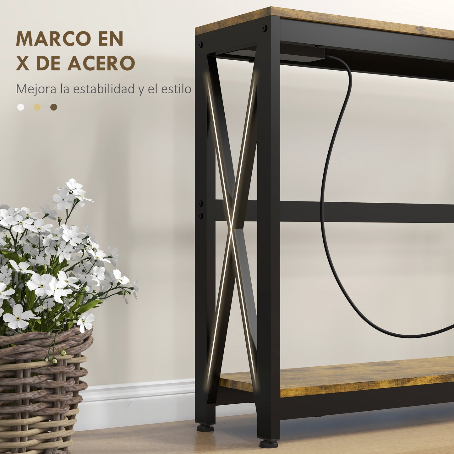 HOMCOM Mesa Consola Industrial Mesa de Entrada de 2 Niveles con Estación de Carga 2 USB y Marco de Acero Mueble de Recibidor para Salón Pasillo 100x24x75 cm Marrón Rústico