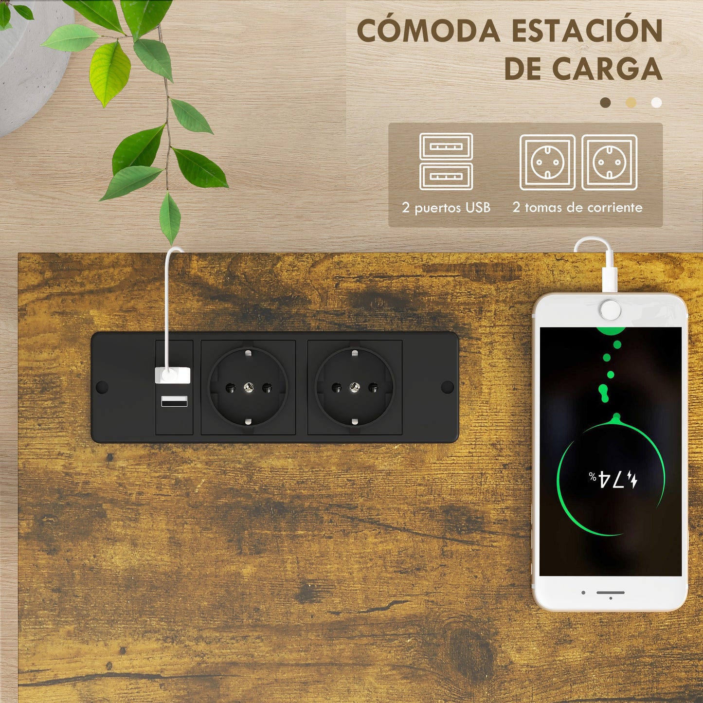 HOMCOM Mesa Consola Industrial Mesa de Entrada de 2 Niveles con Estación de Carga 2 USB y Marco de Acero Mueble de Recibidor para Salón Pasillo 100x24x75 cm Marrón Rústico