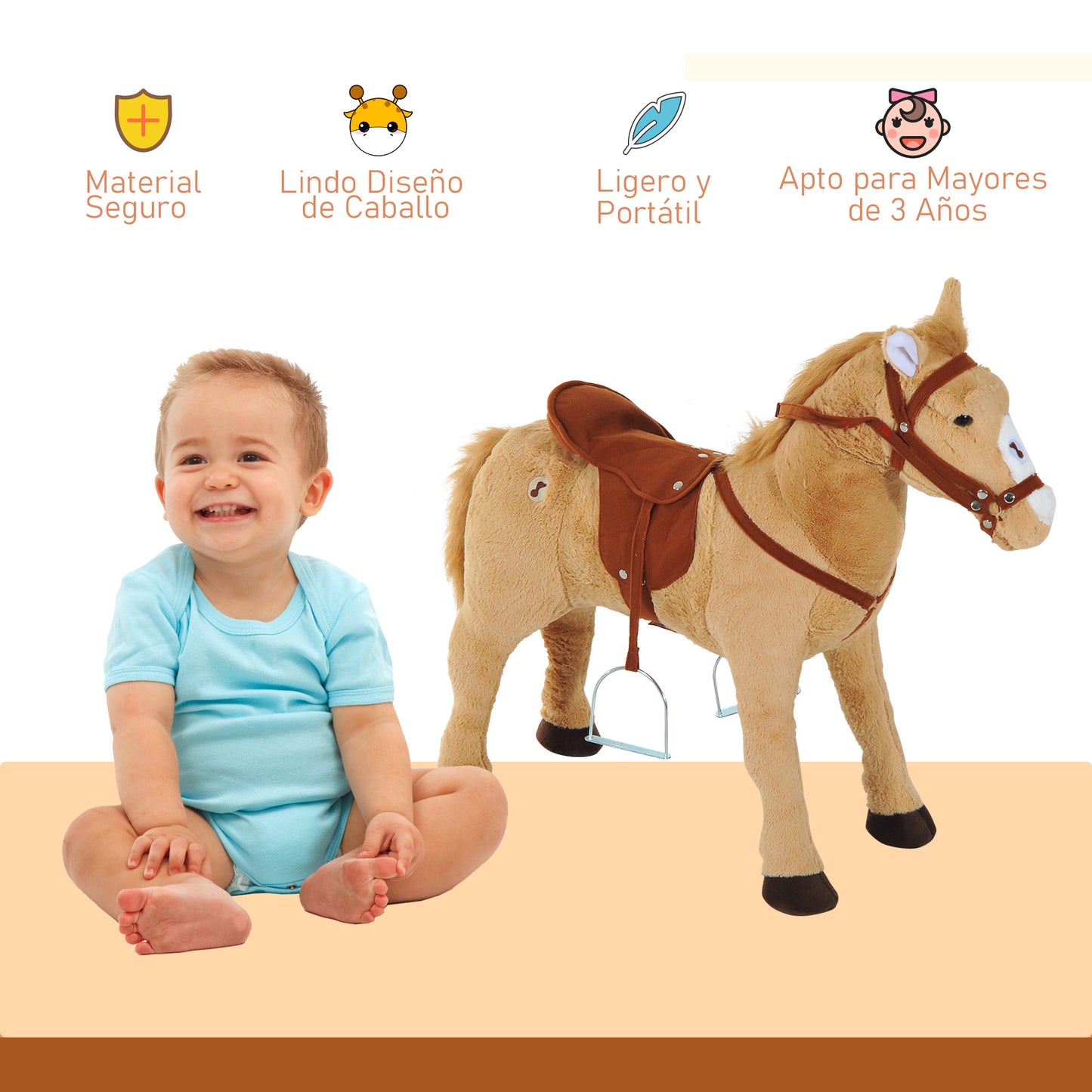 HOMCOM Caballo de Juguete para Niños de +3 Años Caballo de Juguete con Sonidos y Estructura de Metal Carga 60kg 85x28x60 cm Beige