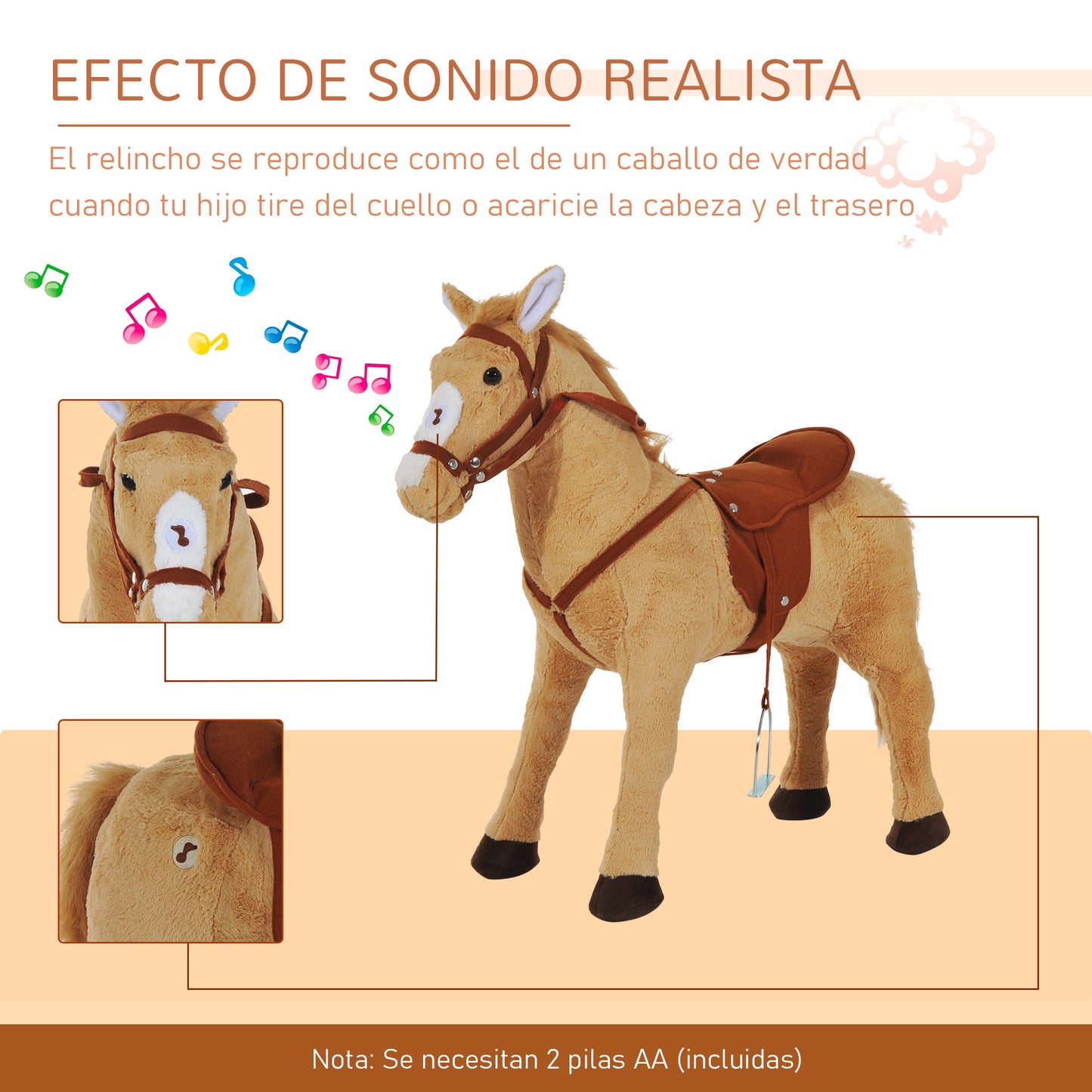 HOMCOM Caballo de Juguete para Niños de +3 Años Caballo de Juguete con Sonidos y Estructura de Metal Carga 60kg 85x28x60 cm Beige