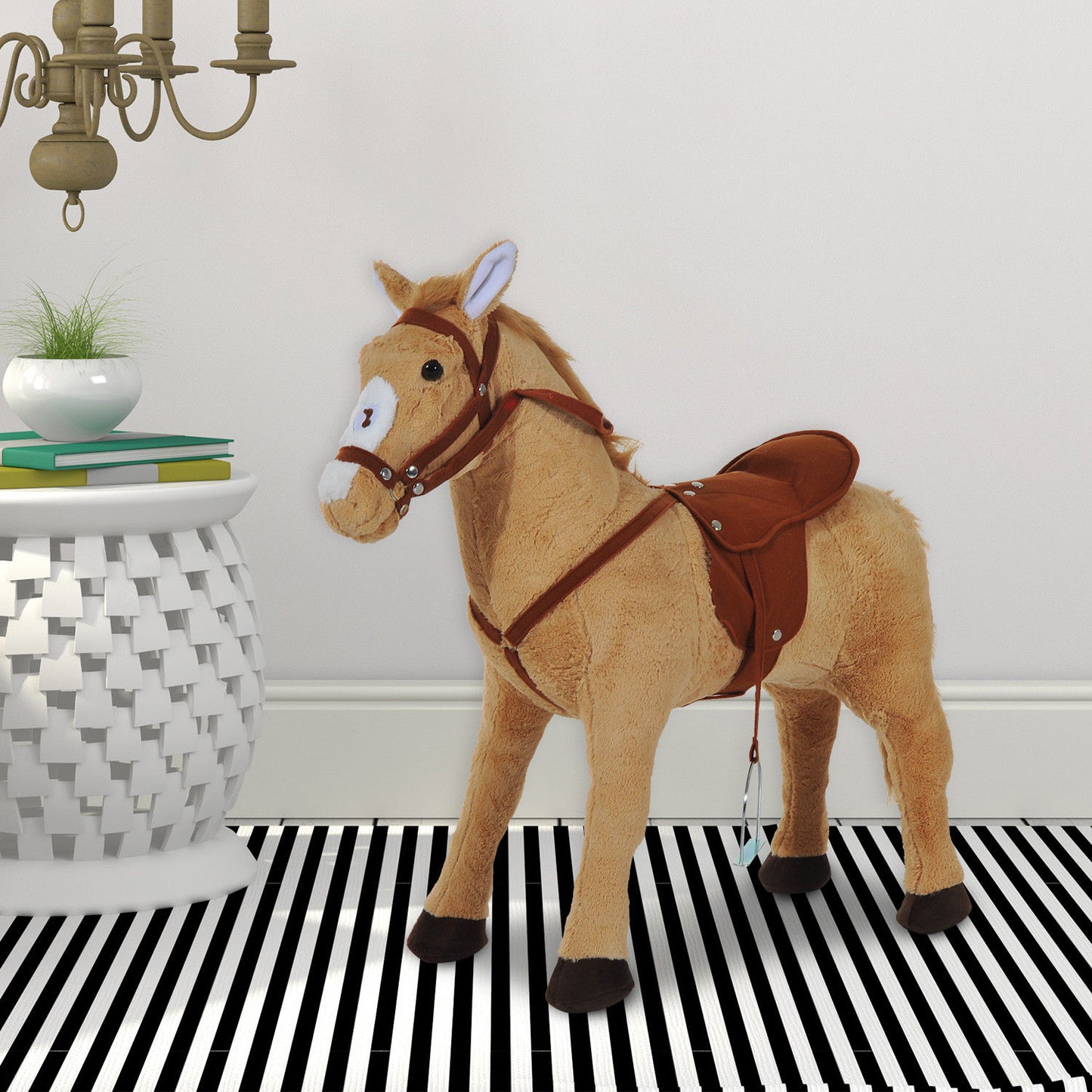 HOMCOM Caballo de Juguete para Niños de +3 Años Caballo de Juguete con Sonidos y Estructura de Metal Carga 60kg 85x28x60 cm Beige