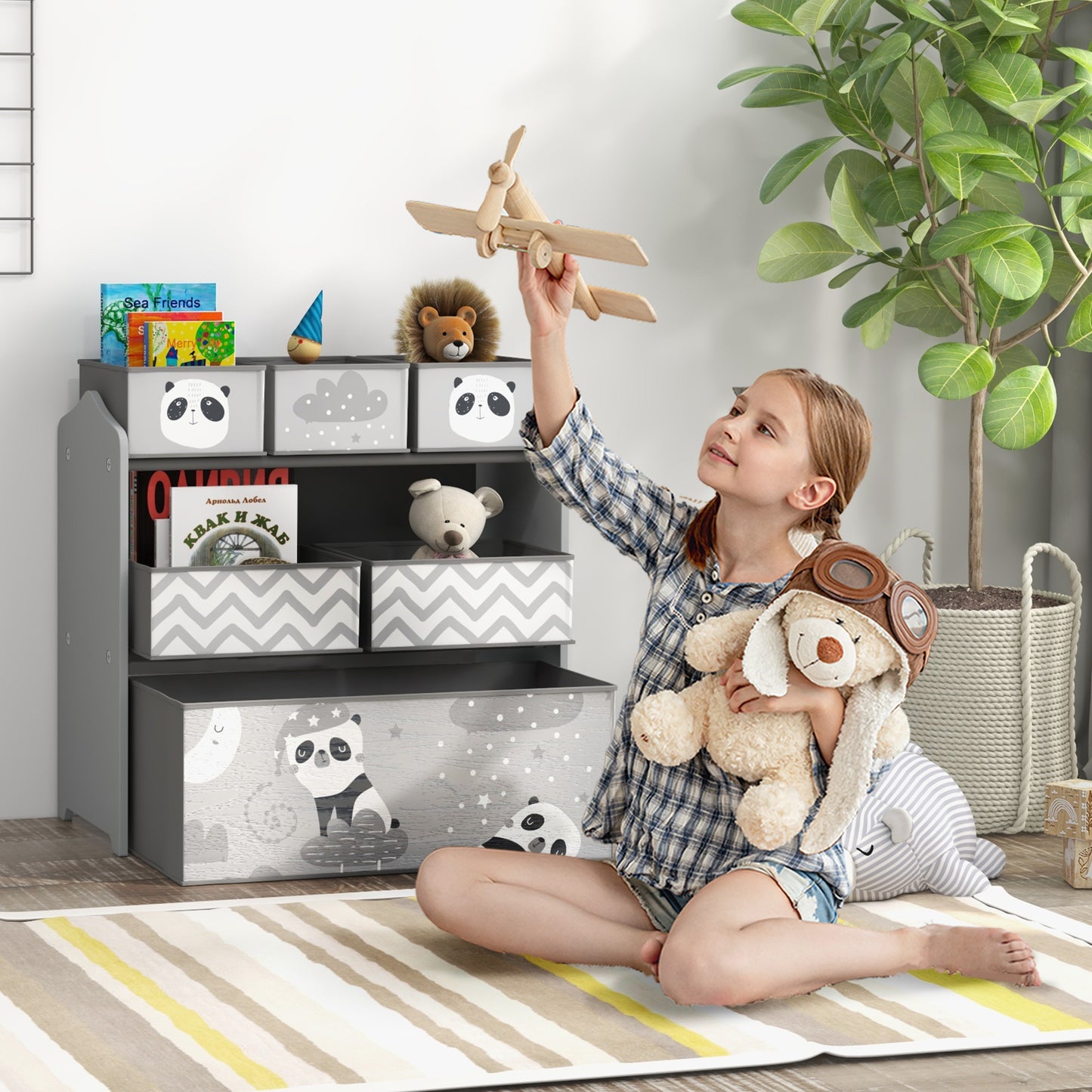 ZONEKIZ Estantería para Juguetes con 6 Cajas de Tela no Tejida Extraíbles Organizador de Juguetes para Niños de 3-8 Años para Dormitorio Guardería 63x30x66 cm Gris y Blanco