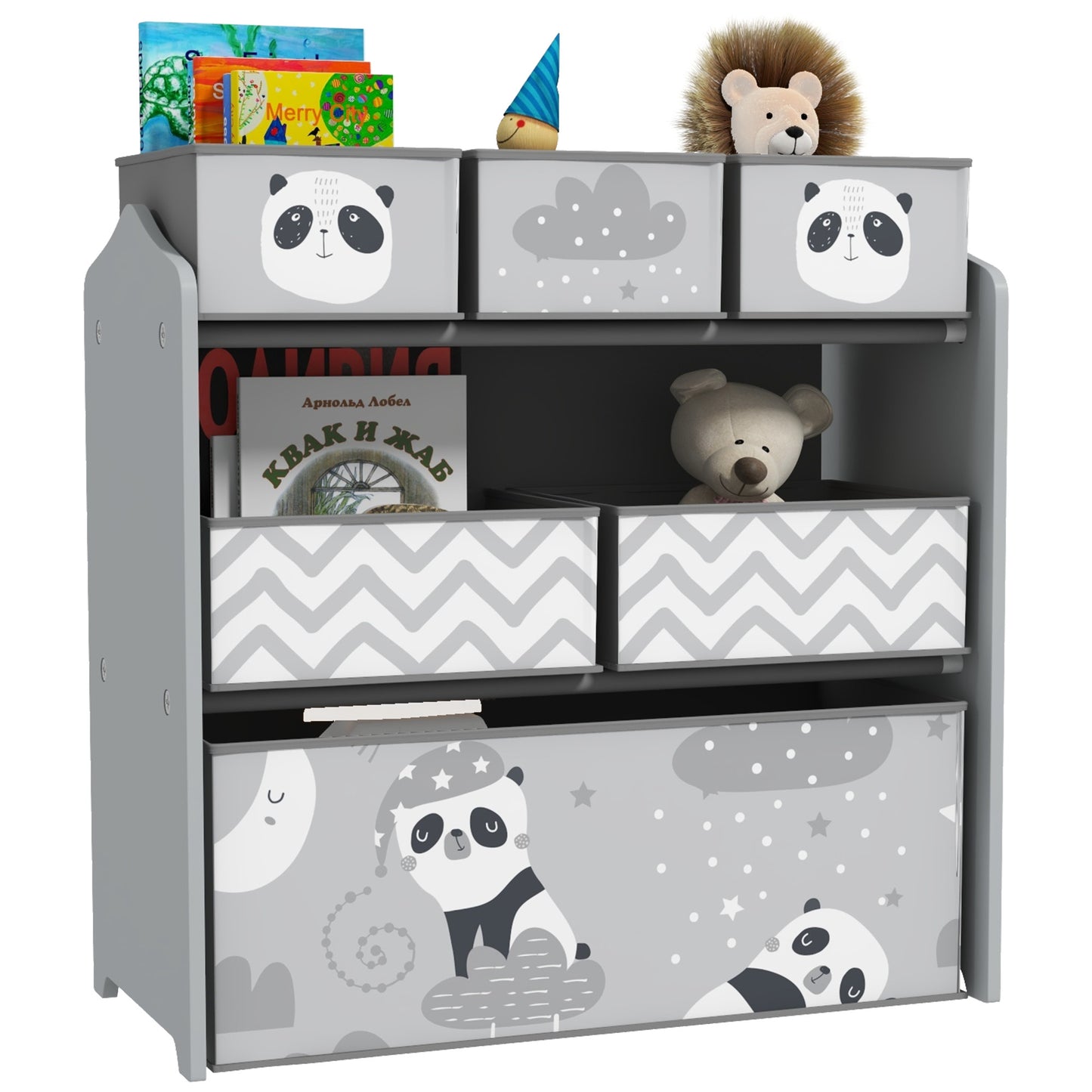 ZONEKIZ Estantería para Juguetes con 6 Cajas de Tela no Tejida Extraíbles Organizador de Juguetes para Niños de 3-8 Años para Dormitorio Guardería 63x30x66 cm Gris y Blanco