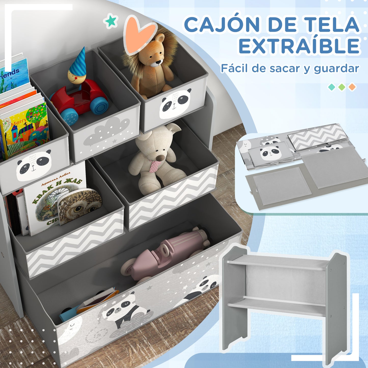 ZONEKIZ Estantería para Juguetes con 6 Cajas de Tela no Tejida Extraíbles Organizador de Juguetes para Niños de 3-8 Años para Dormitorio Guardería 63x30x66 cm Gris y Blanco