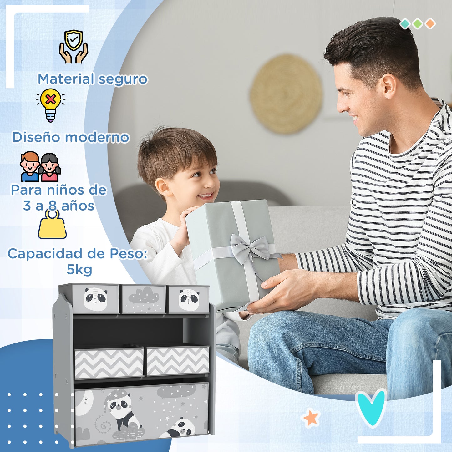 ZONEKIZ Estantería para Juguetes con 6 Cajas de Tela no Tejida Extraíbles Organizador de Juguetes para Niños de 3-8 Años para Dormitorio Guardería 63x30x66 cm Gris y Blanco