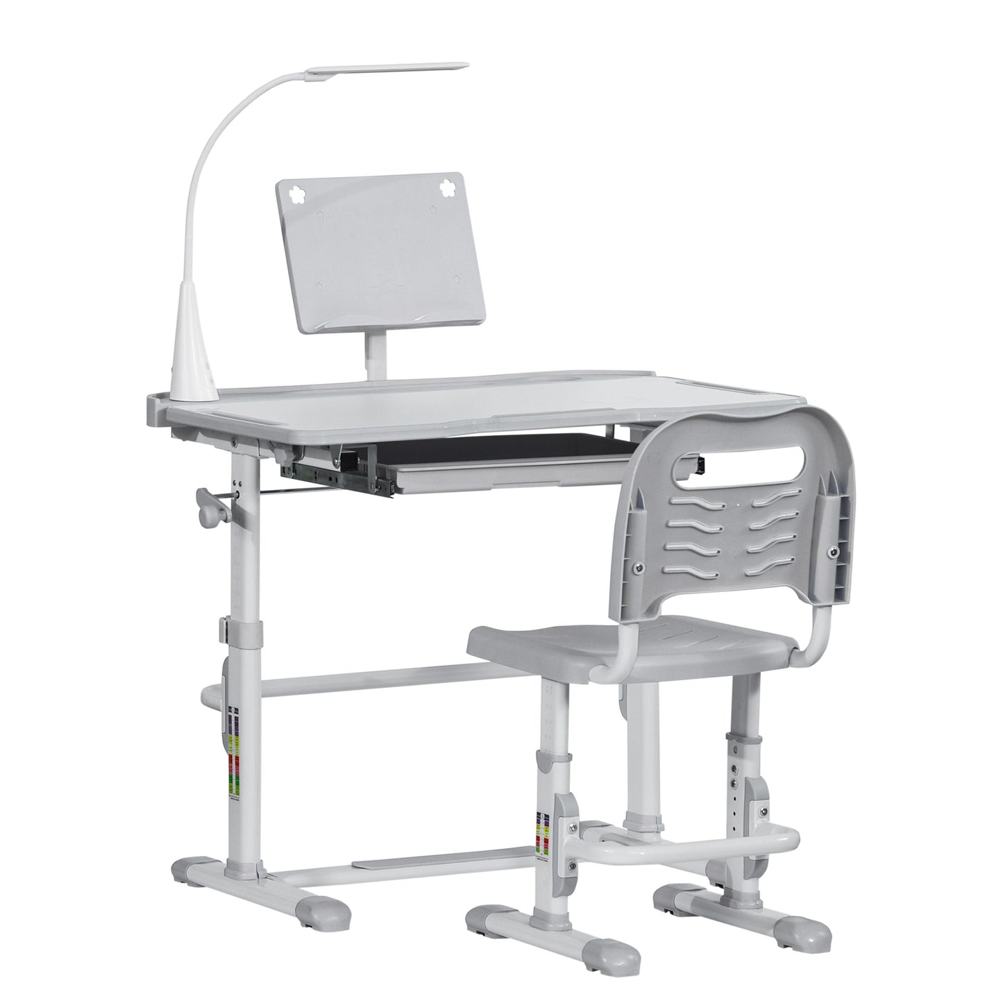 HOMCOM Juego de Escritorio y Silla para Niños de +6 Años Pupitre Infantil con Altura Ajustable Mesa Inclinable Cajón Lámpara LED y Portalápices 80x49,5x82-104 cm y 35,5x43,5x63-73 cm Gris