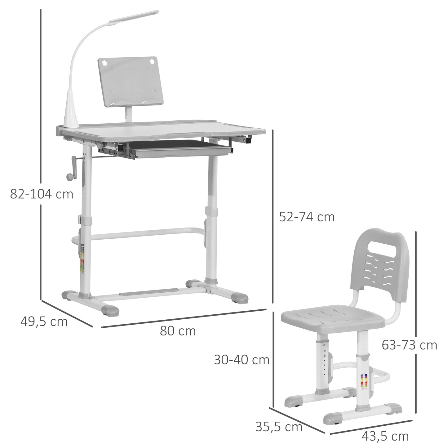 HOMCOM Juego de Escritorio y Silla para Niños de +6 Años Pupitre Infantil con Altura Ajustable Mesa Inclinable Cajón Lámpara LED y Portalápices 80x49,5x82-104 cm y 35,5x43,5x63-73 cm Gris